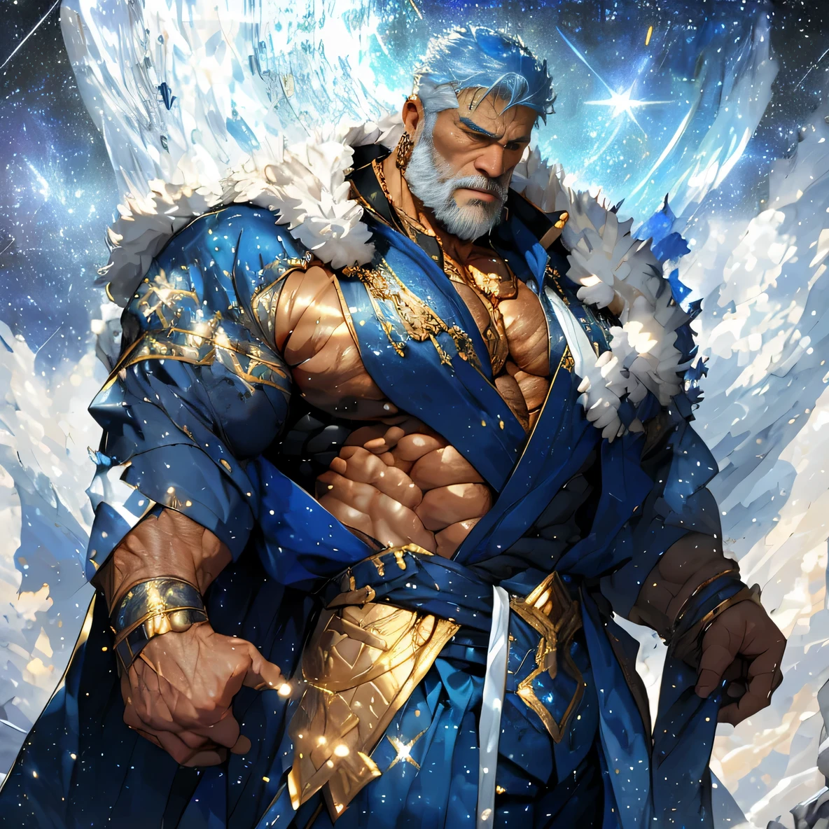 A big one, muscular old man，Sixty-five years old，Gorgeous sapphire blue silk robe，gold trim，He showed off his huge muscular chest，He showed off his great pecs，Energetic，Behind him are the brilliant starry sky and the cold polar regions，He showed off his strong chest muscles，Looking to the future，