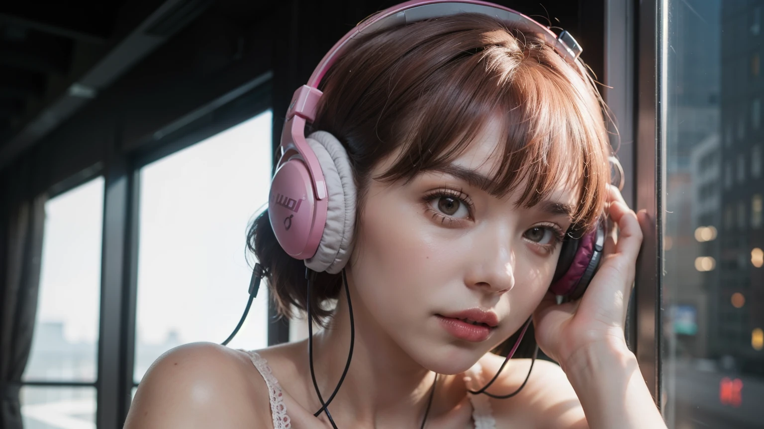 arafed woman with headphones looking out of a window at night, girl wearing headphones, pink headphones, with headphones, lofi girl, with headphones, lofi portrait at a window, dreamy cyberpunk girl, listen to music, wearing headphones, headphones on, cute girl with pink short hair, white glowing headphones, headphones dj rave, listen to music at 2 am, cyberpunk atmosphere,breast enhancement