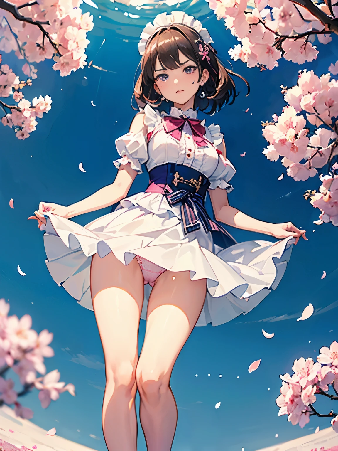masterpiece,((highest quality)),8k wallpaper,precise expression,((very detailed explanation)),RAW photo. ((female 1)),20-year-old,Super beautiful,((Fine facial details)),perfect anatomy,correct anatomy,perfect face,perfect arms,,perfect fingers,perfect waist,perfect right and left feet,perfect right and left feet,masterpiece,((highest quality)),8k wallpaper,((female 1)),view audience,Camera flash reflected in the eyes,very embarrassing look,angry look,look of humiliation,((look of humiliation)),pink cheeks,red face,((fine facial details)),super beautiful girl,Wear a white blouse with frills on the collar,wearing a blue corset,maid cosplay,white ruffled miniskirt,((lift the hem of the skirt)),((Show off your panties to your audience)),((Showing off white and pink lace panties)),((75 degree angle from bottom)),close up shot,japanese model. The background is a cherry tree,spring,noon,The wind is blowing,Many cherry blossom petals flutter,wonderful.