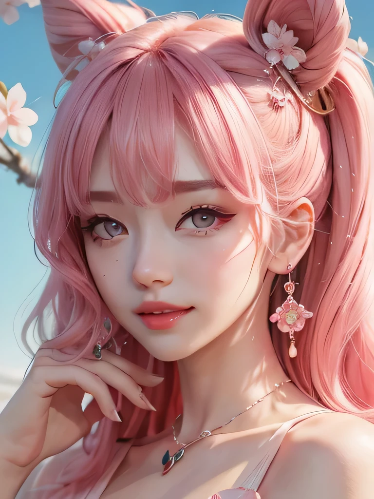 she is the cherry blossom spirit、pink eyes、pink hair、close up of face、pink eyebrows、pink teeth、pink fang、big ears、cherry blossom hair ornament、cherry blossom necklace、Cherry earrings、beautiful clavicle、bob hair、deep pink eyes、pink kimono showing collarbone、cherry blossom fairy、wing、cherry blossom background、blue sky background、red eyes、Cherry Headband、she is a pink fairy、妖精のwing根、smile、