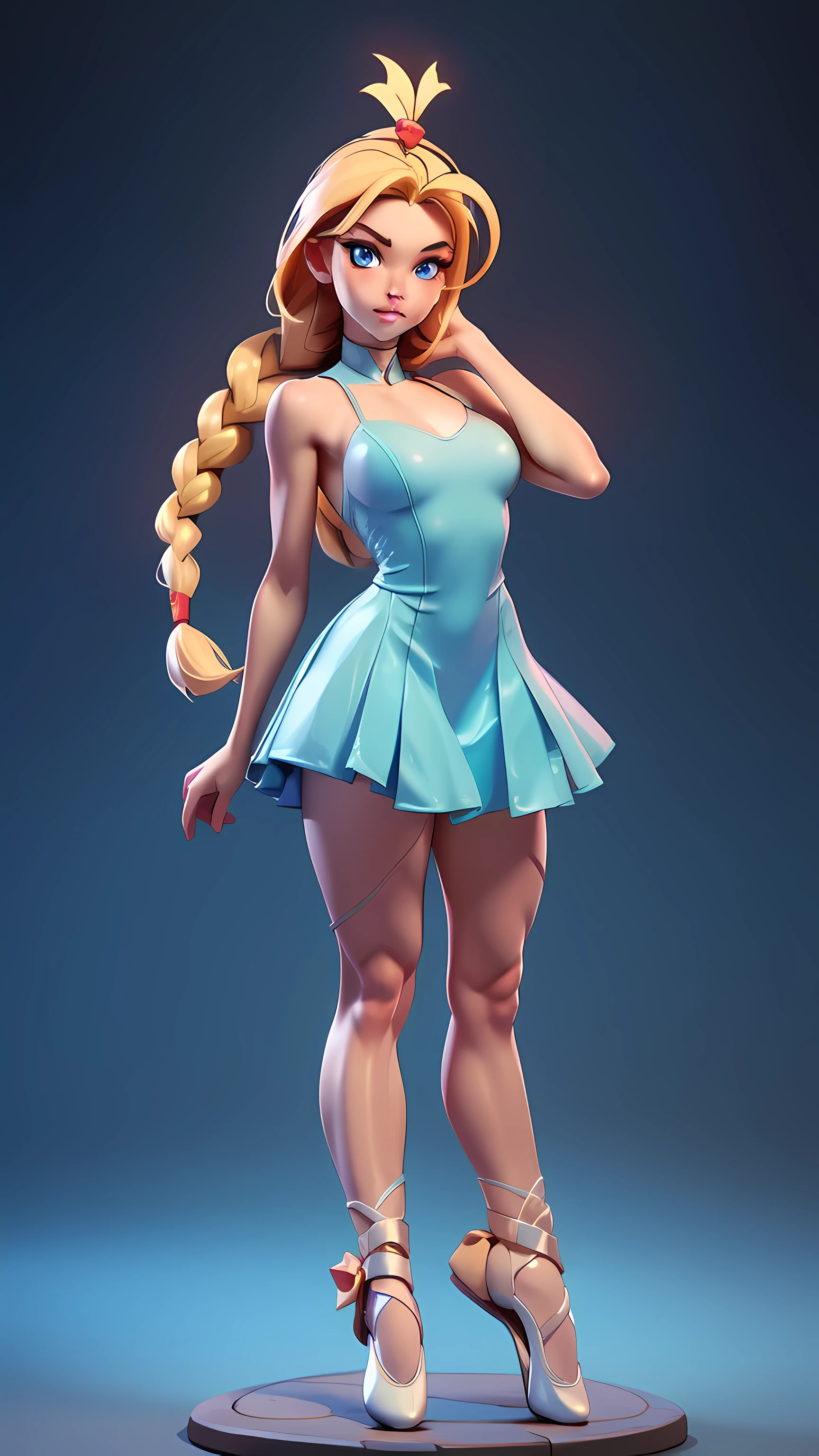 full body, masterpiece, best quality, highres, 1girl, cammy white, twin braids, long hair, blonde hair, antenna hair, (red headwear:1.3), blue eyes, scar on cheek, (((ballerina dress))), large boob 36 DD, standing, outdoors, arms at sides, straight-on,