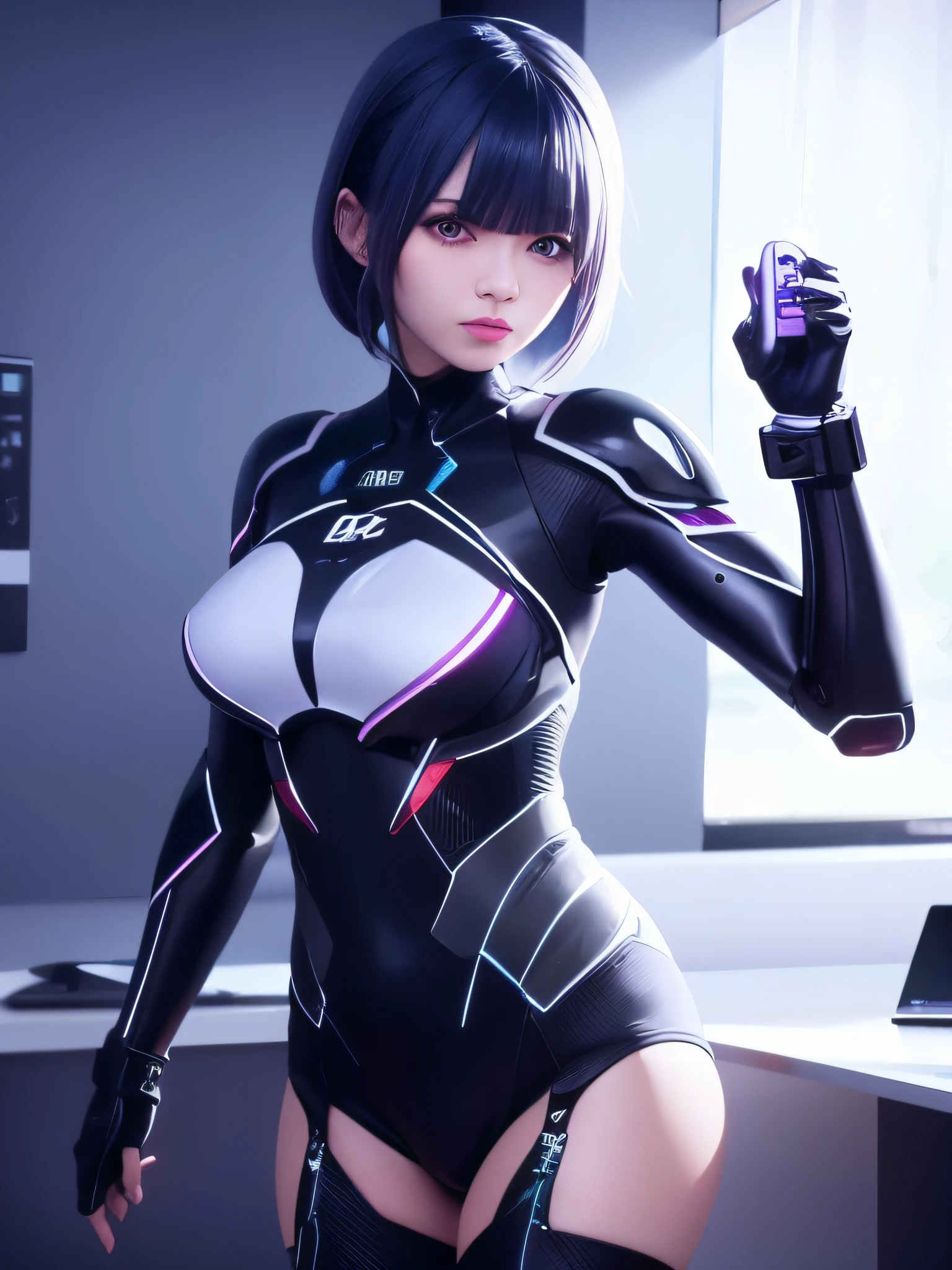 amazing artificial intelligence, Beautiful woman with a robot-like body, surreal, cinematic angle, blue neon blurred background, they appear everywhere,  lively, become familiar with, Zuburashi, 