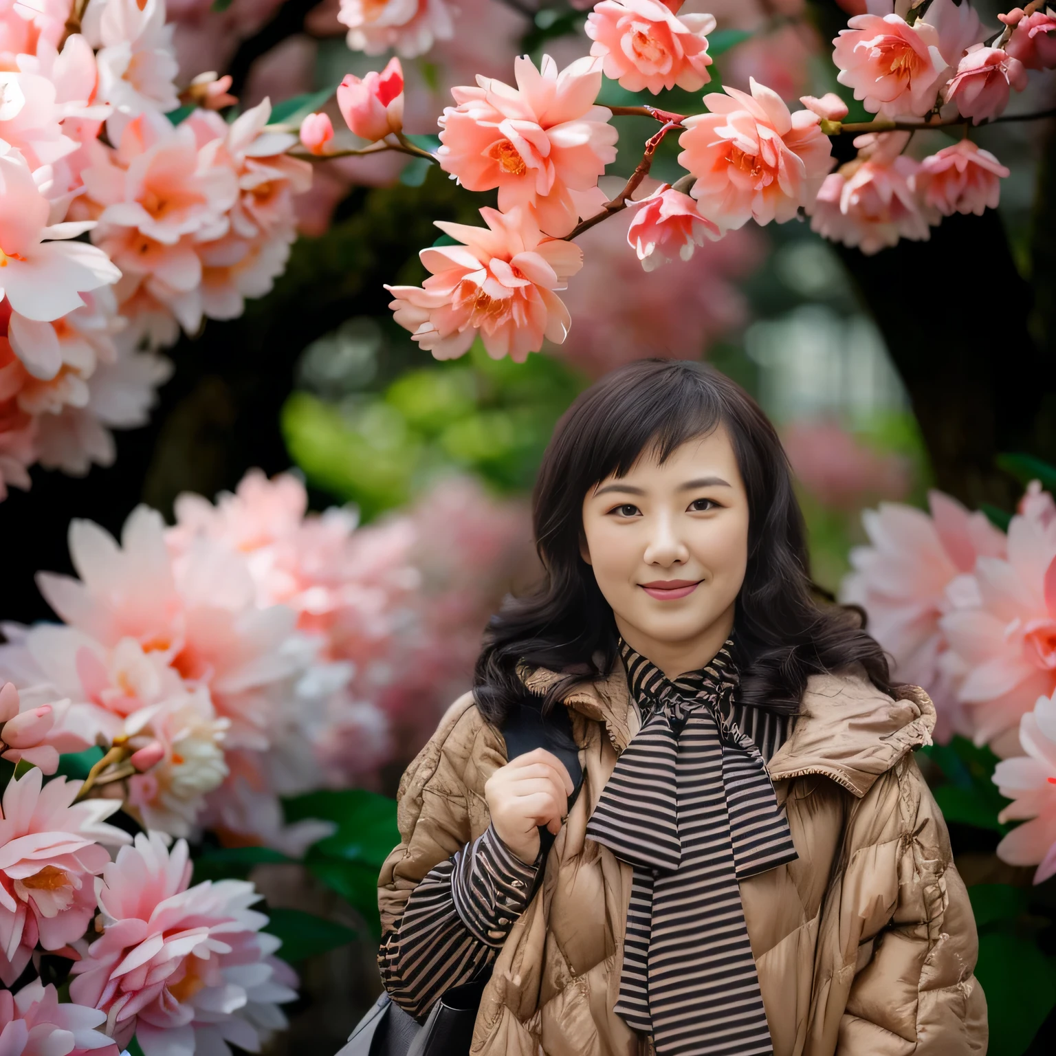 a girl, alone, Happy expression, Under the pink peach tree, black hair, Portrait photography, F/1.8, 85 mm, Canon, ultra high definition, masterpiece, precise, anatomically correct, textured skin, high detail, high quality, best quality, high resolution