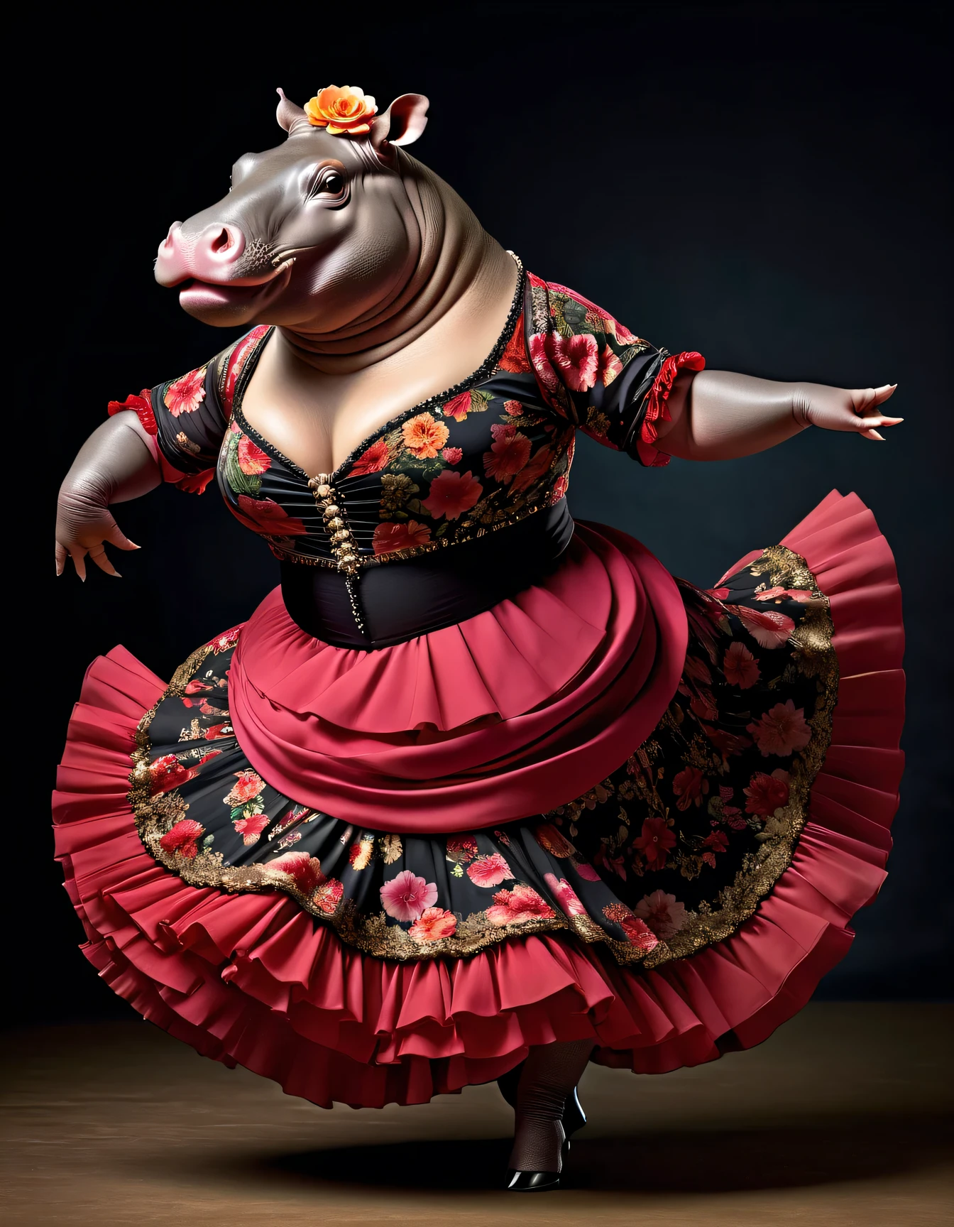 photorealistic portrait of Dressed animals - a ((fat)) hippo flamenco dancer,( flamenco dancing:1.5),(dynamic action pose:1.2), high quality,(lovely) ,intricate details, highly detailed ((flamenco costume)) ,highly detailed floral dress, high heels, hippo skin, highly detailed decorations, (passion), studio lighting,(full body image:1.5)
