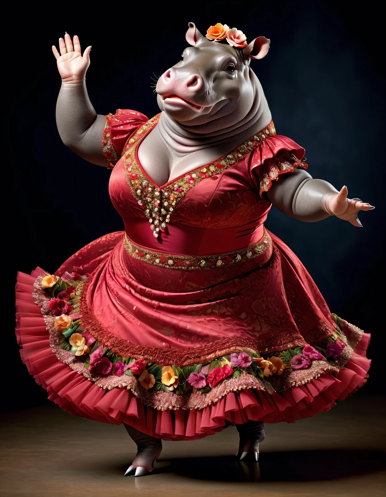 photorealistic portrait of Dressed animals - a ((fat)) hippo flamenco dancer,( flamenco dancing:1.3),(clapping hand), high quality,(lovely) ,intricate details, highly detailed ((flamenco costume)) ,highly detailed floral dress, high heels, hippo skin, highly detailed decorations, (passion), studio lighting,(full body image:1.5)