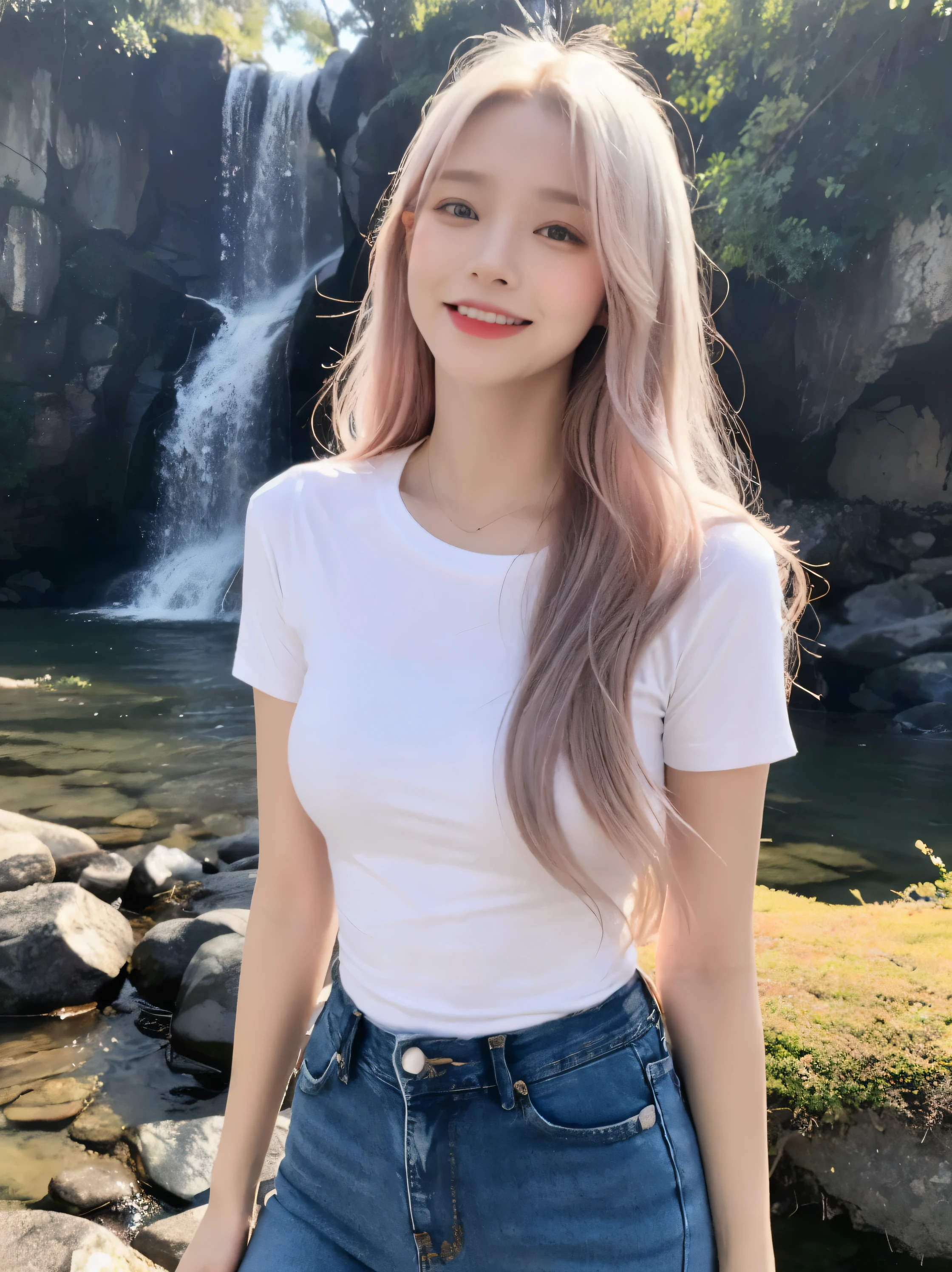 A girl about 20 years old, simple, very beautiful and delicate, (light makeup), (pink hair), sweet laugh, delicate and beautiful fair skin, realistic and realistic, Delicate and complete facial features, Detailed face description, high nose bridge, red lips, Beautiful and gentle beautiful girl, soft flowing hair, very delicate hair, Mild temperament, Facial light, 초realistic, realistic, 8K quality, extreme details, realistic details, master work, realistic extreme, body, very beautiful, pure desire, amazing beauty, unrivaled beauty, Best image quality, 8K resolution, goddess, laugh, good facial features, hair over shoulders, brown hair, long thick legs, ((((white t shirt))), (((jeans))), sunlight, looking at the camera, 균형이 잘 잡혀 있고 탄탄한 body매, soft eyes, exposed thighs, standing posture, standing next to the waterfall, full body photo