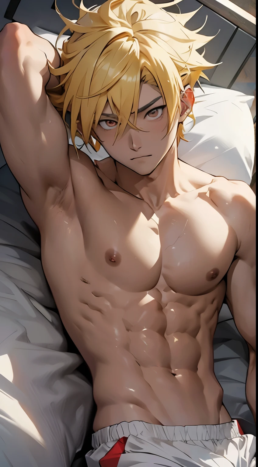 Shirtless anime guy with yellow hair and red eyes lying on the bed with 6 pack abs and strong arms