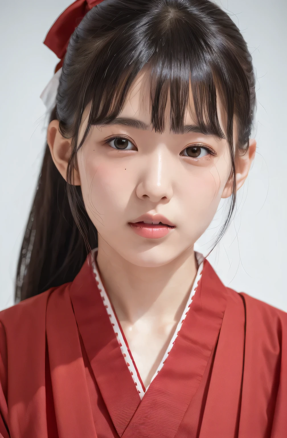 ((highest quality, 8K, )), beauty, 1 Japanese girl, black hair, 18-year-old, dull bangs, Lower ponytail, face focus, detailed face, highly detailed lips, fine eyes, double eyelid, sweaty skin: 1.2, Miko dressing, Miko, Red too,