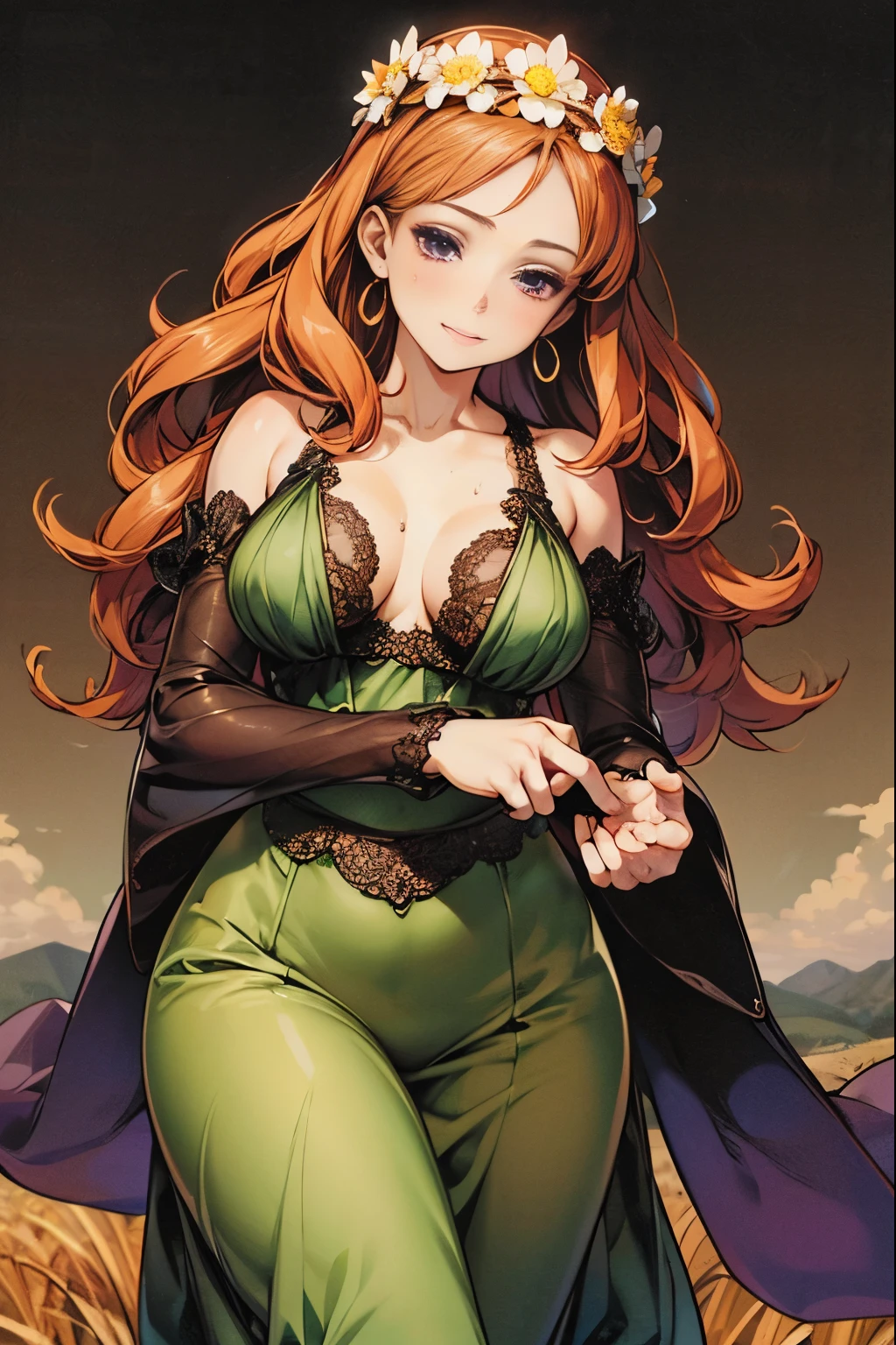 masutepiece, Best Quality, High resolution, solo, 1girl, Full body, Description Girls, detail hands, Detail fingers, Detail Face, cute face, detail legs, overdetailed art, Fine details, Huge breasts, Huge ass, steam, Sweat, orange hair, long hair, wavy hair, carvy, ((corolla)), flower crown, dress, bare shoulders, jewelry, collarbone, earrings, detached sleeves, purple eyes, see-through, green dress, lace knitting, see through sleeves, skimpy, smile, milf, farmer, wheat field, sun,