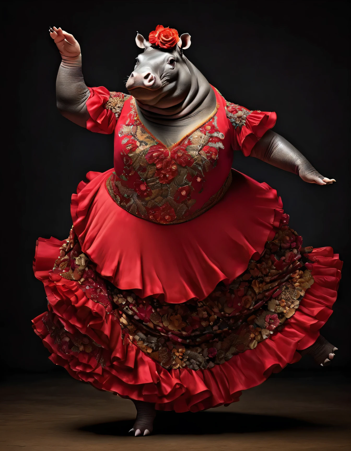 photorealistic portrait of Dressed animals - a ((fat)) hippo flamenco dancer,( flamenco dancing:2.0),(dynamic action pose:1.5), high quality,(lovely) ,intricate details, highly detailed ((flamenco costume)) ,highly detailed floral dress, high heels, hippo skin, highly detailed decorations, (passion), studio lighting,(full body image:1.5)