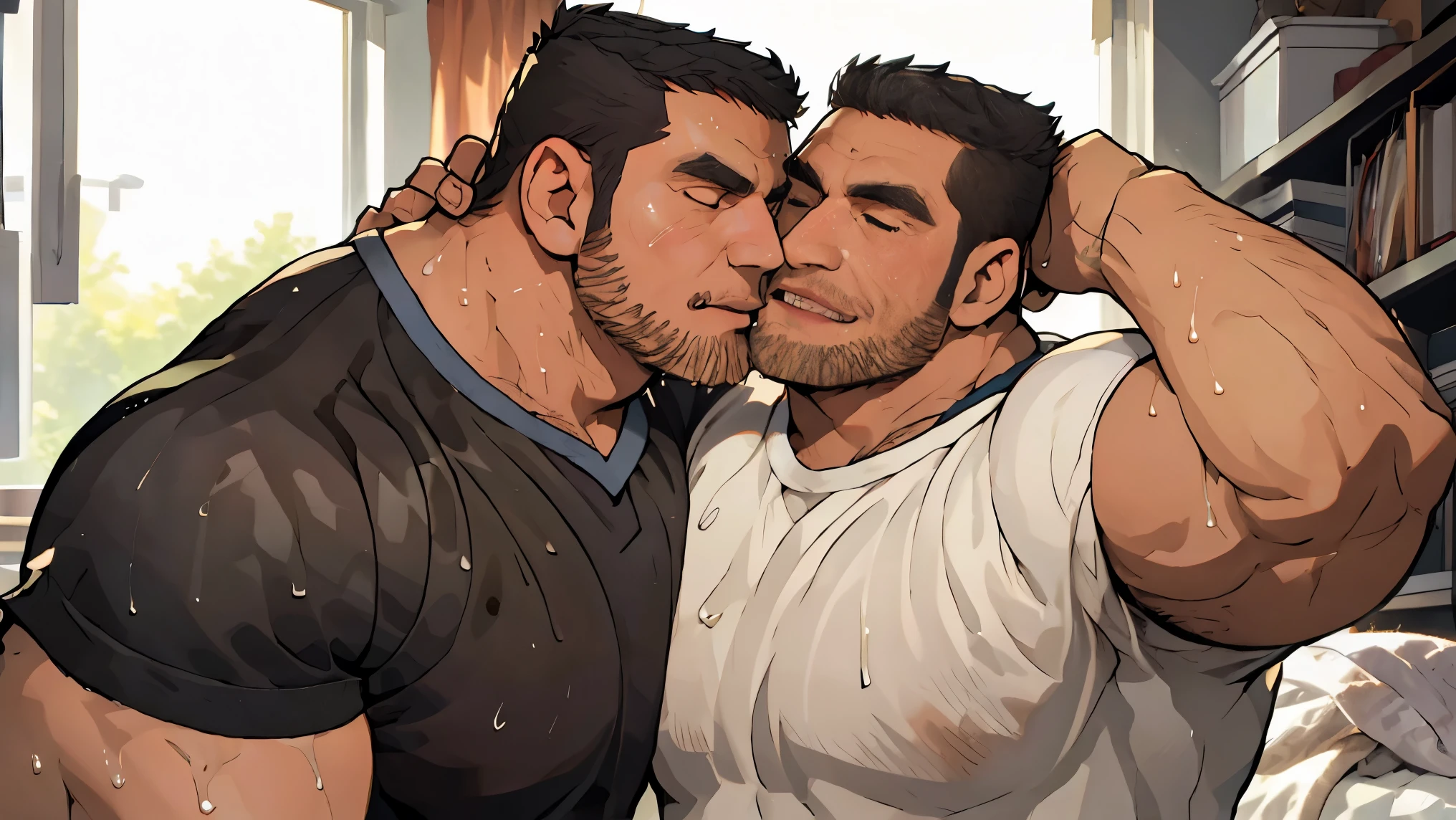 best quality, masterpiece, super high resolution, detailed background, realistic, illustration, full body, love couples, 2 daddies, father and father, Deep pleasure, Sloppy kiss, muscle mans, beard, flex muscle, house, Bedroom, muscle, facial hair, volumetric lighting, depth of field, black clothes, ((swat uniform)), ((Sweat Uniform)), panting, raised crotch, head to head, Kissing each other, Gay Passion, true love kiss, Gay love, deep tongue, spit on his mouth, Enjoying the spit, sticking out their tongues, Love passion