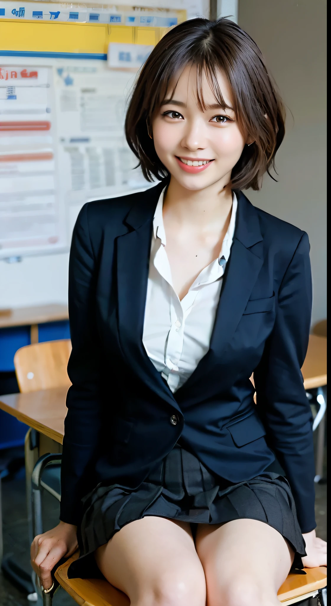 Japanese high school girl、pleated skirt、smile、highest quality、face focus、soft light、(written boundary depth)、超A high resolution、(Photoreal:1.4)、Raw photo、 (upper limbs:1.3)、(from diagonally in front)、 1 Japanese girl, alone, cute, (full of embarrassment, laughter:1.1), (brown eyes), The description of face beauty app, (short bob hair)、high school classroom、(sit on a chair)、(uniform:1.4、navy skirt、navy blazer、ribbon)