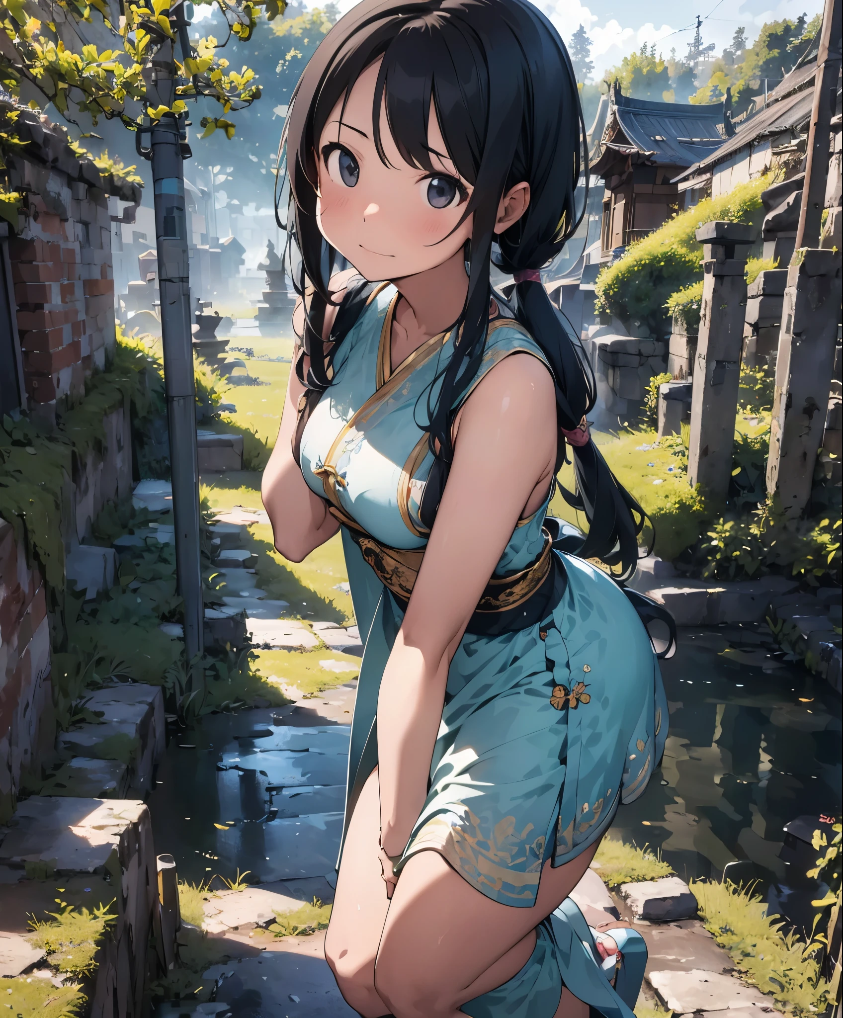 (masterpiece、highest quality、highest quality、official art、beautifully美しい:1.2)、(1 girl:1.3)Hatsune Miku、twin tails,big breasts,Explore Thailand's traditional ruins、beautifully、adorable、澄んだ瞳の女の子のmasterpiece画像を作成します。She wears traditional Thai costume and、、The fabric is painted with maximum realism.、Emphasizes various textures。The skin is also rendered。Expressing subtle textures and color changes in detail.。 The ruins around her are、、cramped々It is carefully drawn up to、It is drawn with high depth and precision。Ancient structure of bony stones with intricate carvings、All weathered statues、Contributes to the history and sense of mystery of this place。 The girl was looking up at the camera with interest..、give the impression that you are looking down on her。This sense of perspective is、、Distort images using fisheye effect、Can create wide panoramic or hemispherical views。。 The overall quality of the image must be of the highest standard、Emphasis on improving the quality of details。The final work is、、It should be a celebration of the girl&#39;s innocence and the timeless beauty of Thailand&#39;s ruins。