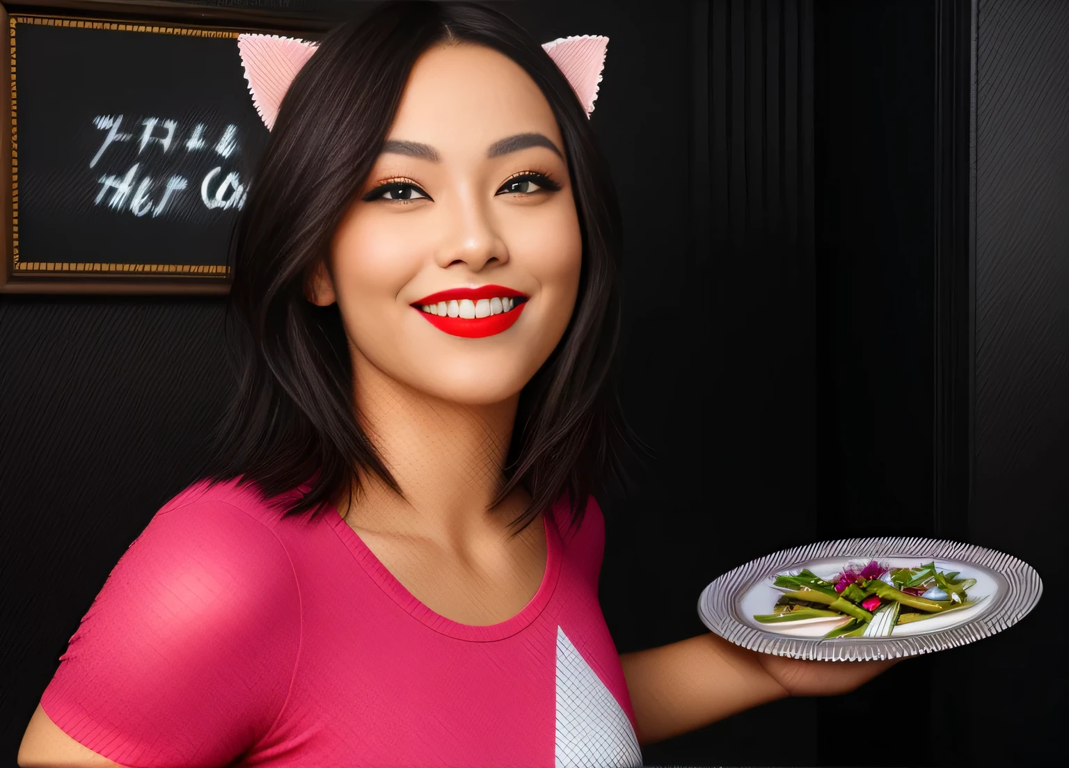 sorridente mulher holding a plate of food with painted cat face, mulher/cat hybrid, mulher with cat ears. Woman in good physical shape. A mulher with white skin and dark hair. ela tem cerca de 35 anos. Her slightly plump red lips are like a delicate flower, seus olhos castanhos escuros parecem conter um mundo de maravilhas. Corpo fino. cintura fina. Your body exudes glamor and your face is the definition of beauty. altamente realista, AINDA, slightly full lips, batom cor de rosa, sorridente, feeling of lightness and joy, Hiper-realismo, pele muito elaborada, olhar. Fitness mulher. clear photo, alta qualidade, high resolution, obra de arte, 8k.