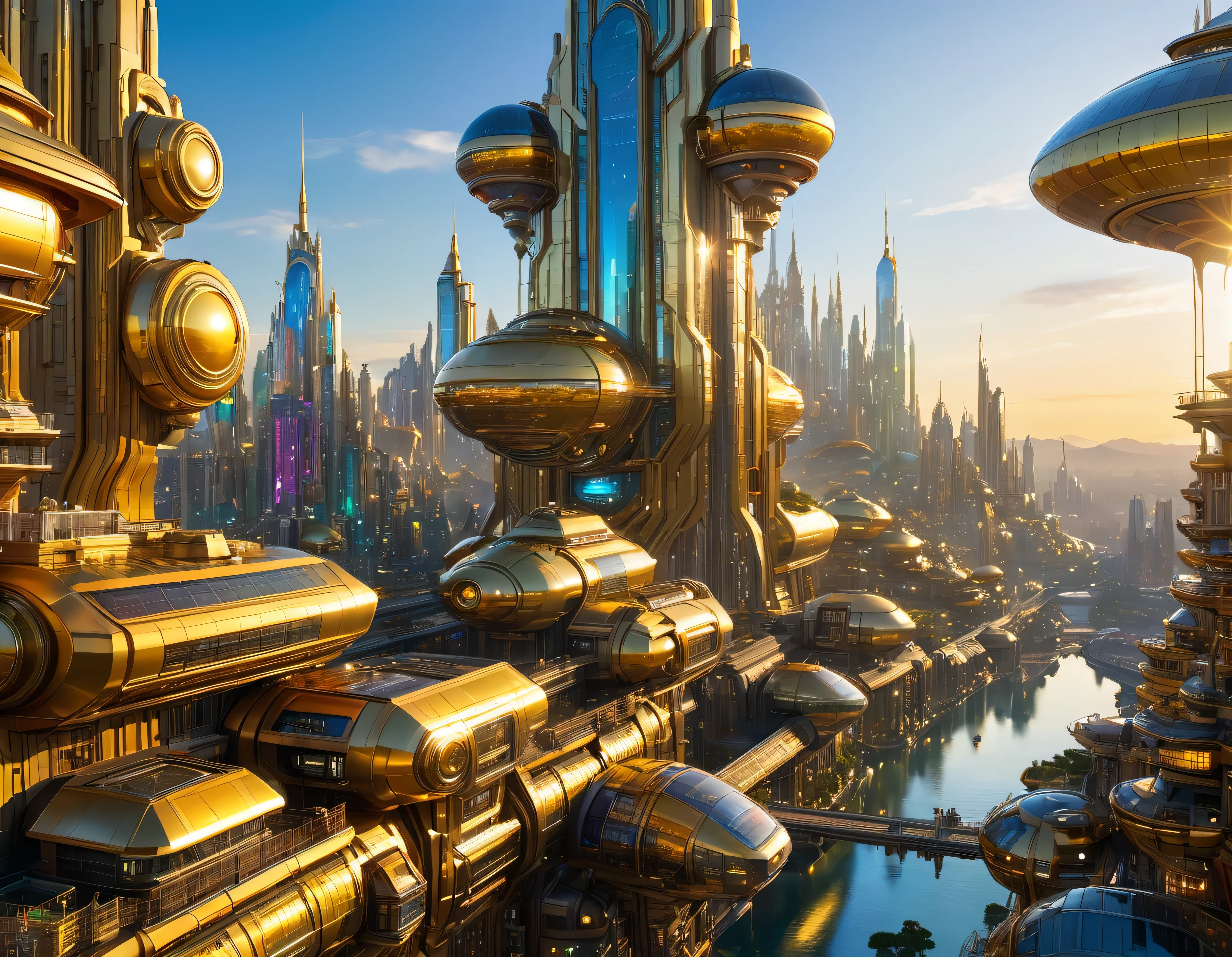 (golden hour lighting), megacity, megalopolis of an imaginary world of science fiction , parecido a una disneylandia futurista, and maximum fantasy, con inmensos edificios y rascacielos ovalados y dodecaedricos agrupados de metal y cristal donde predomina el oro y los anuncios luminosos de colores. imagen bien definida 8k, (intrincados detalles de la maquina), con muchos edificios juntos.(obra maestra de superior calidad).(imagen fotorrealista), nitidez absoluta hasta el fondo