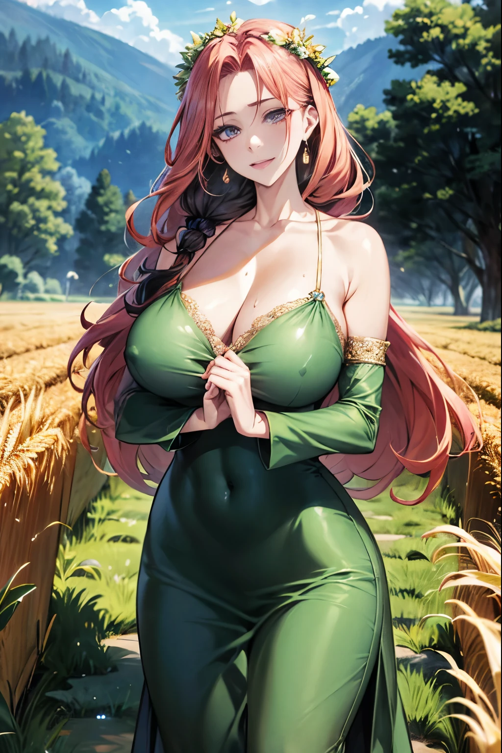 masutepiece, Best Quality, High resolution, solo, 1girl, Full body, Description Girls, detail hands, Detail fingers, Detail Face, cute face, detail legs, overdetailed art, Fine details, Huge breasts, Huge ass, steam, Sweat, orange hair, long hair, wavy hair, carvy, ((corolla)), flower crown, dress, bare shoulders, jewelry, collarbone, earrings, detached sleeves, purple eyes, see-through, green dress, lace knitting, see through sleeves, skimpy, smile, milf, farmer, wheat field, sun,