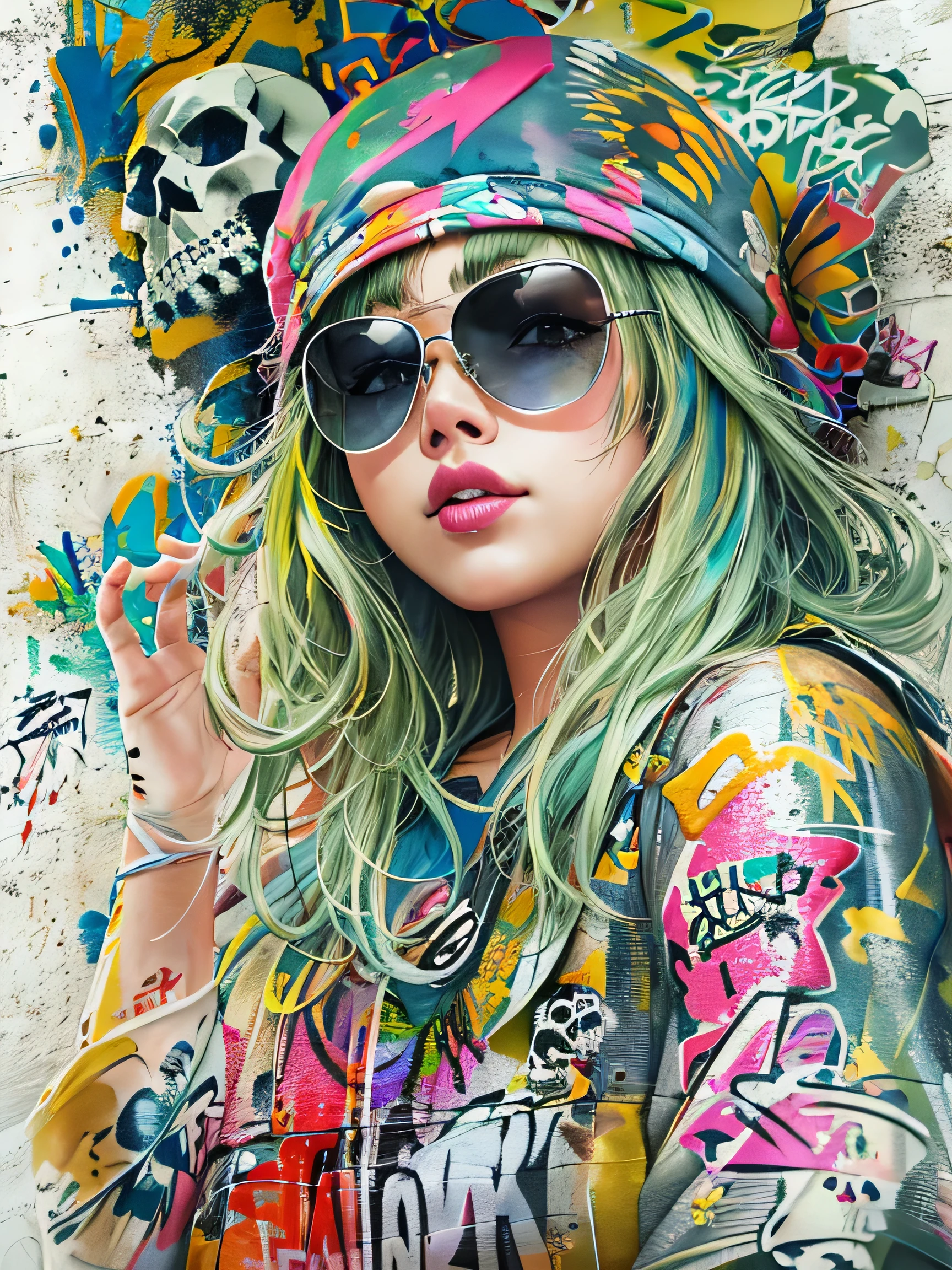 8K quality, watercolor painting, stylish design, (((The strongest beautiful girl of all time))), (((Japanese)))、Idol、clear, Stylish sunglasses, Fashionable hats, (((highest quality))), bob hair, Place your hands on the wall, HDR, ((Detailed details)), (((skull fashion))), detailed clothing texture, (((graffiti art))), colorful hair, ((masterpiece))、((Super detailed))