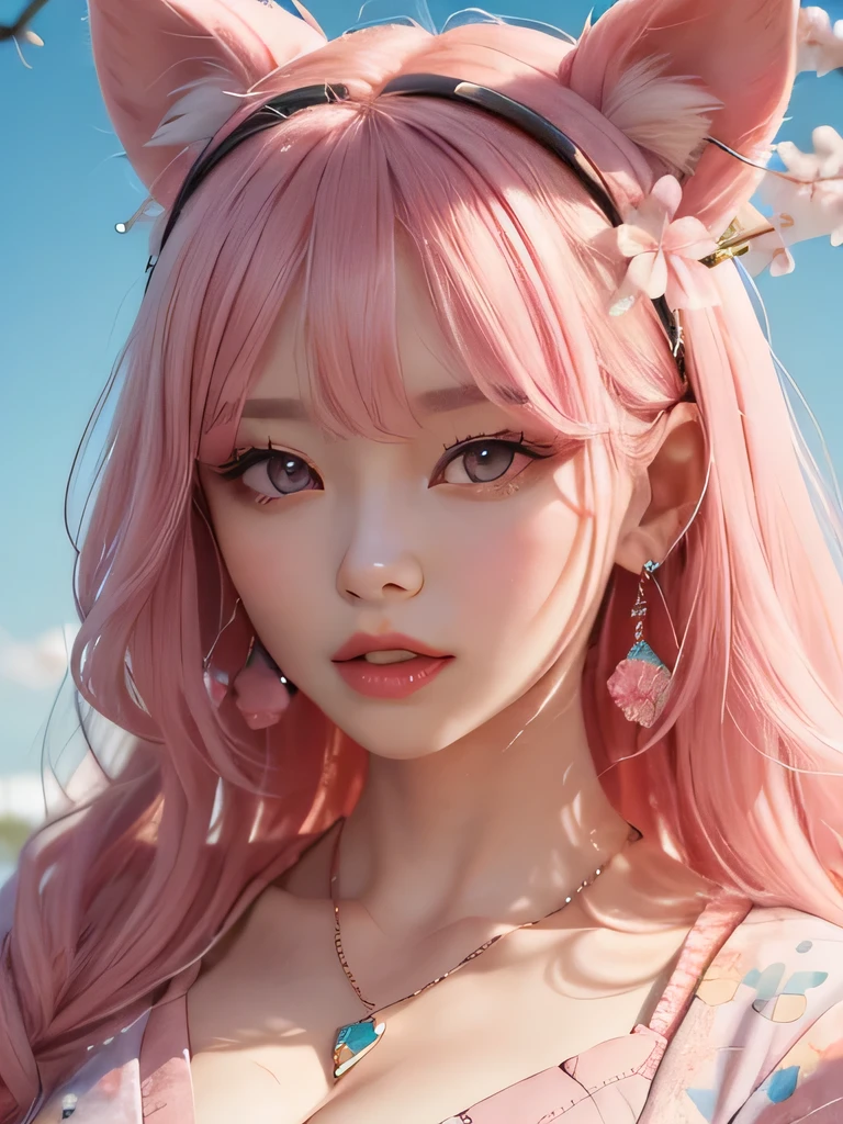 she is the cherry blossom spirit、pink eyes、pink hair、close up of face、pink eyebrows、pink teeth、pink fang、big ears、cherry blossom hair ornament、cherry blossom necklace、Cherry earrings、beautiful clavicle、bob hair、deep pink eyes、pink kimono showing collarbone、cherry blossom fairy、wing、cherry blossom background、blue sky background、red eyes、Cherry Headband、she is a pink fairy、妖精のwing根、sad、