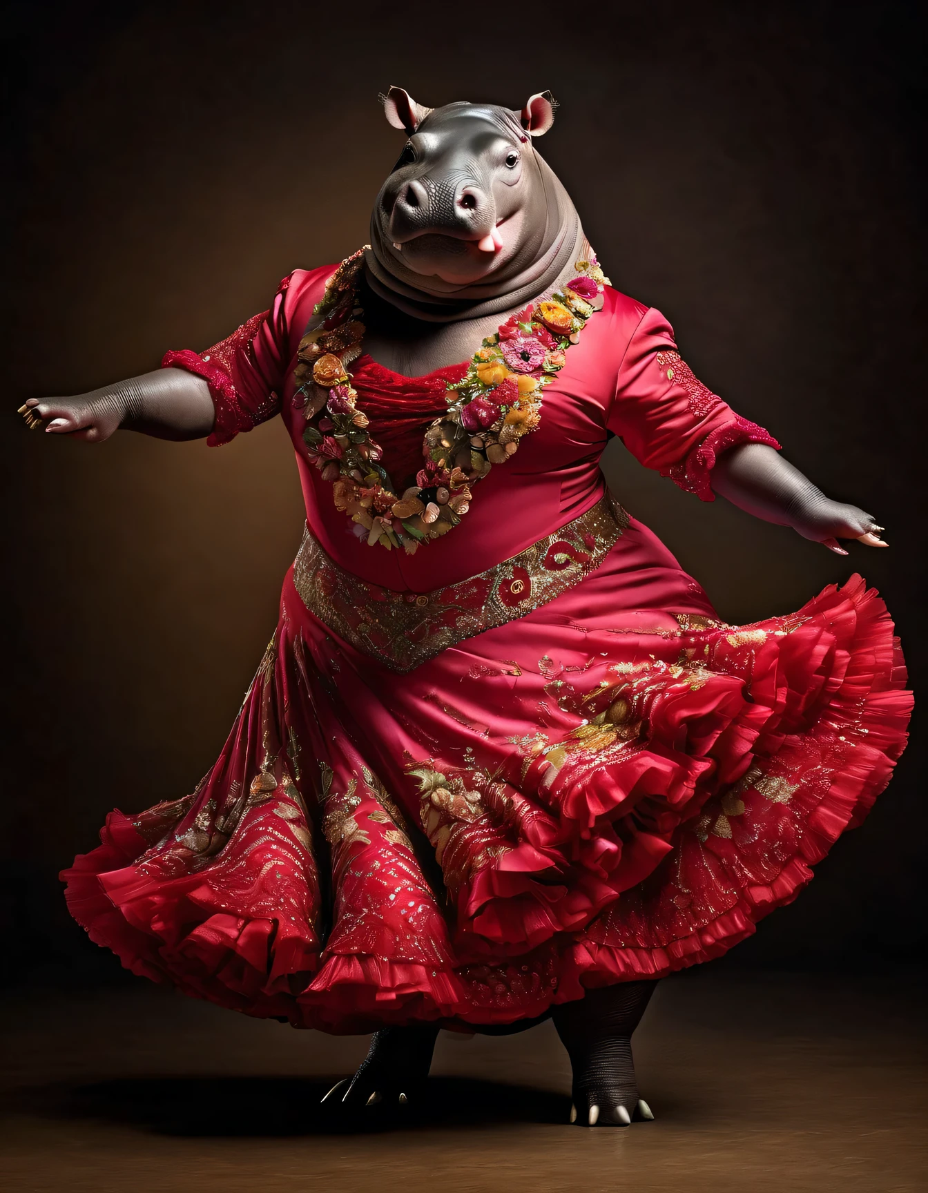 photorealistic portrait of Dressed animals - a ((fat)) hippo flamenco dancer,( flamenco dancing:1.5),(dynamic action pose:1.5), high quality,(lovely) ,intricate details, highly detailed ((flamenco costume)) ,highly detailed dress, high heels, hippo skin, highly detailed decorations, (passion), studio lighting,(full body image:1.5)