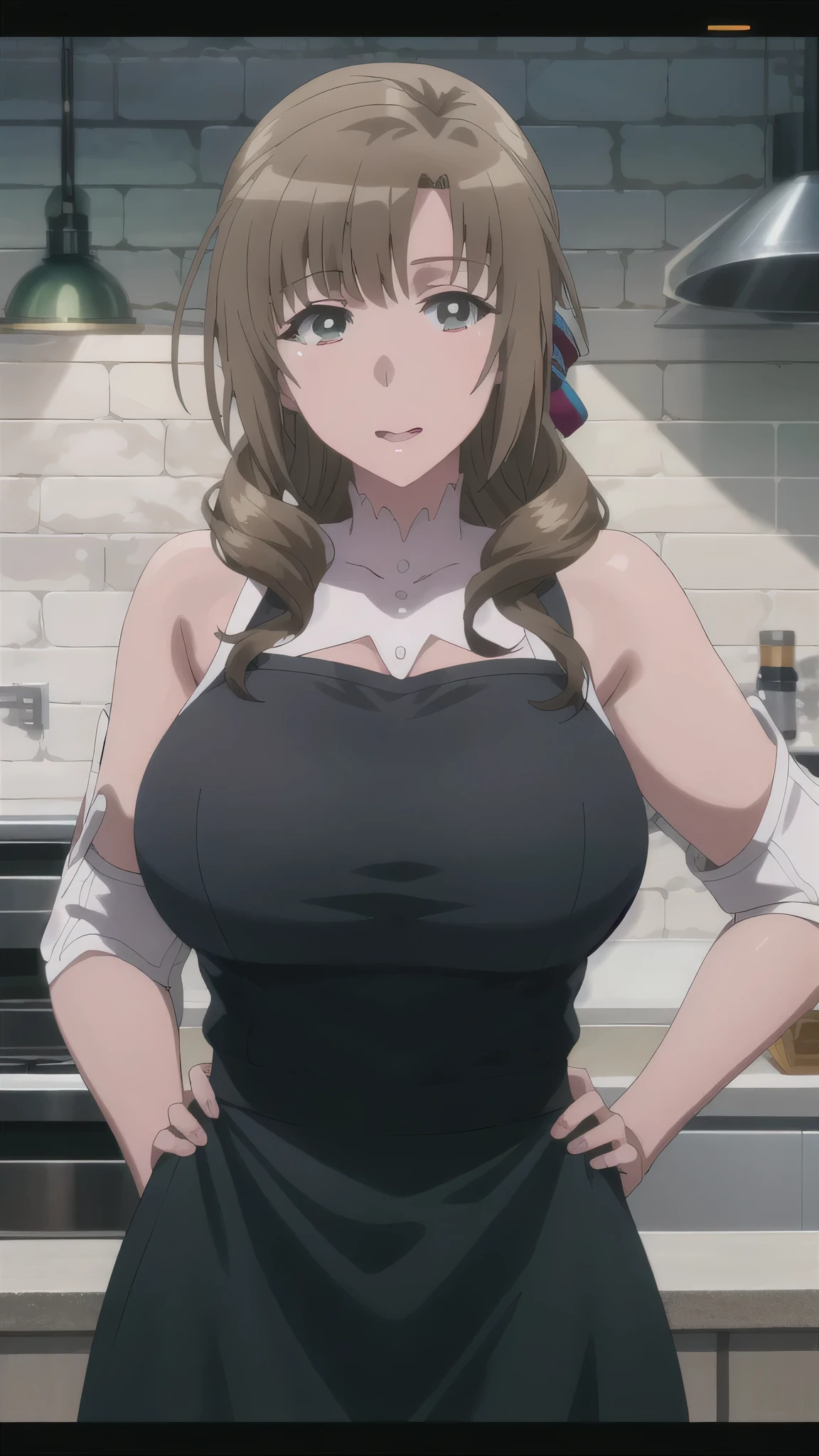 1girl, Mamako Oosuki in Anime Okaasan Online, Very big Breasts, in black dress standing in kitchen with green eyes,