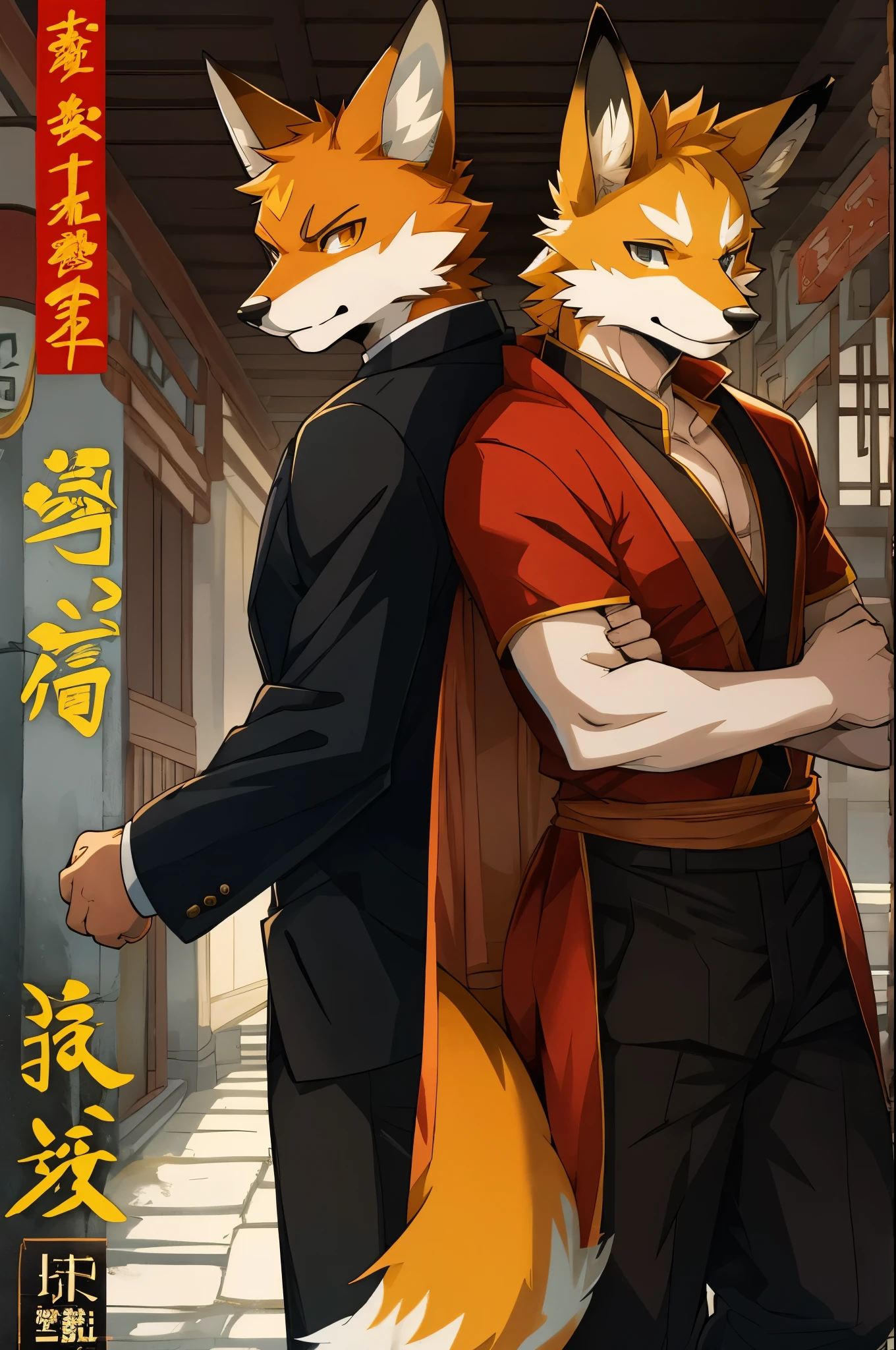 A doujinshi cover with a young male detective and a fox woman in a Chinese dress back to back, furry, kemono, with some elements of 007, battle manga,