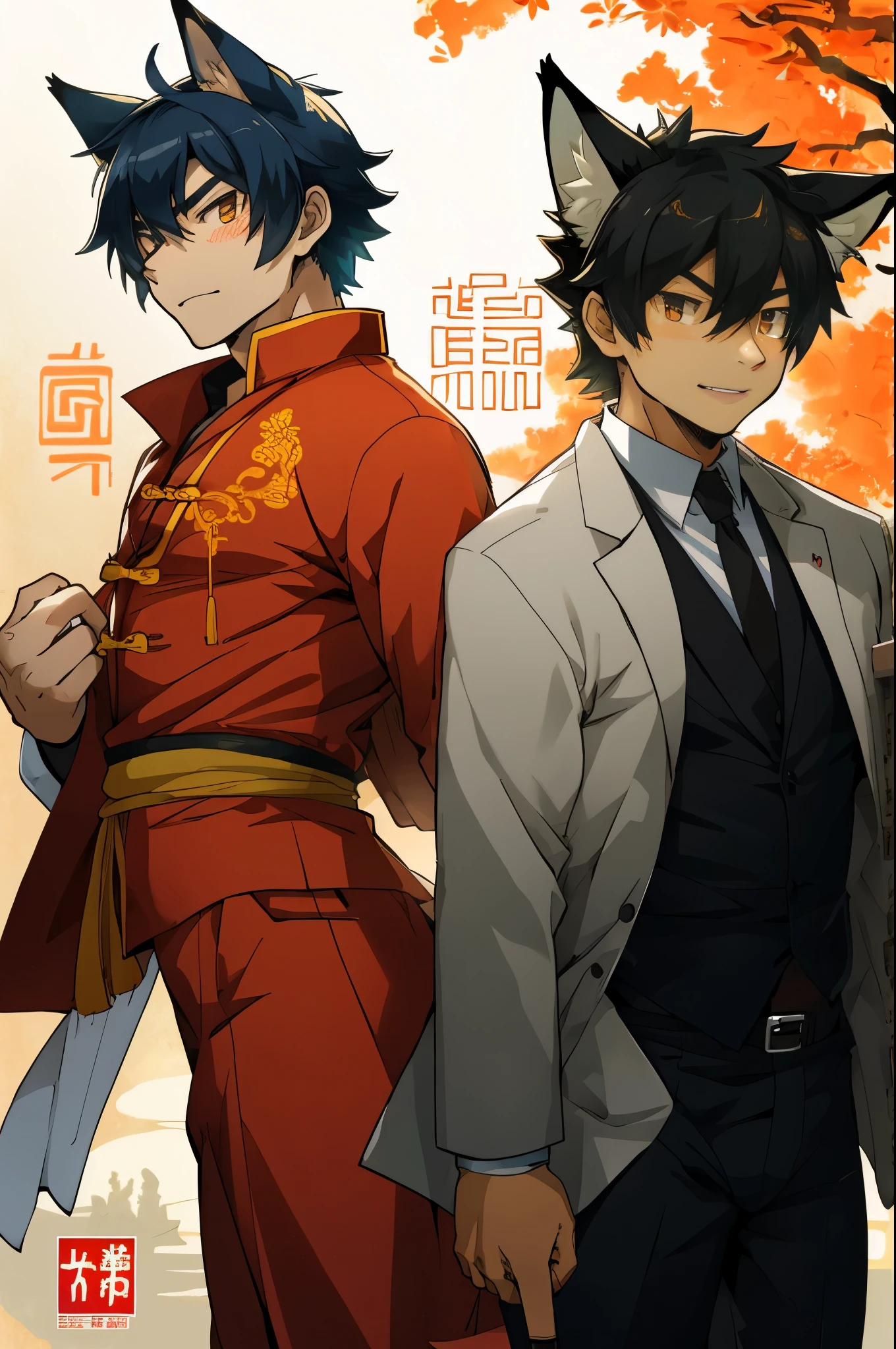 A doujinshi cover with a young male detective and a fox woman in a Chinese dress back to back, furry, kemono, with some elements of 007, battle manga,