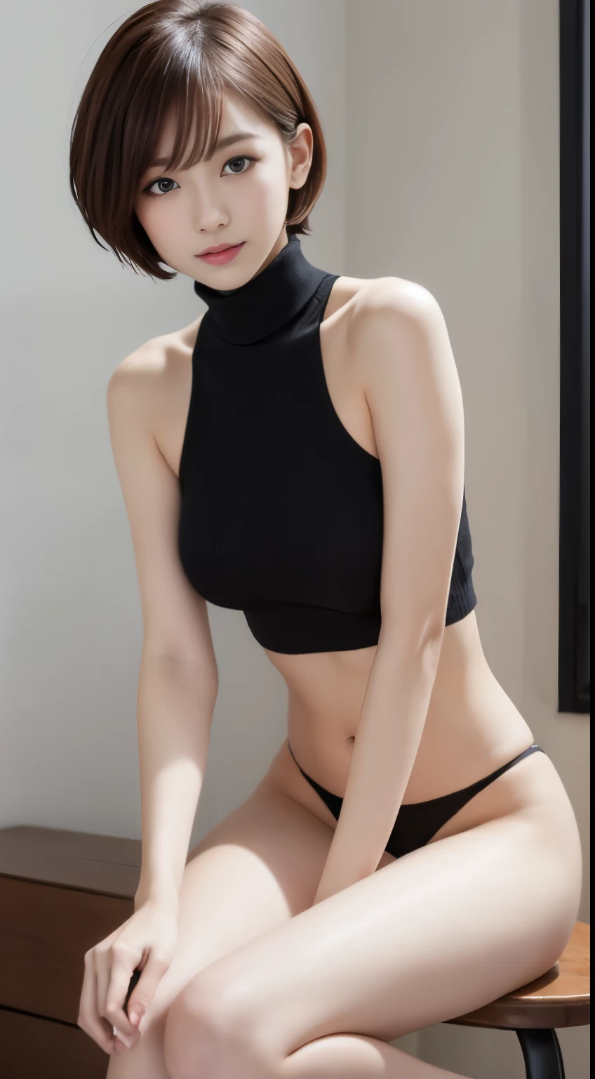 pieces fly、highest quality、An illustration、super fine、Are you okay、High resolution、8k wallpaper、perfect dynamic composition、(((Full body Esbian)))、((from below))、20 year old cute girl、detailed beautiful face、Delicate and cute eyes、fine-textured skin、My cheeks turned red、shy、(short cut hair:1.3)、(wavy brown hair)、small breasts、bold sexy pose、smile、(sleeveless、Navel exposure、fitted turtleneck)、hot pants laces street、small breasts、between the legs、small ass、thin butt、Please generate on the eaves.、thin shoulders、Barely、