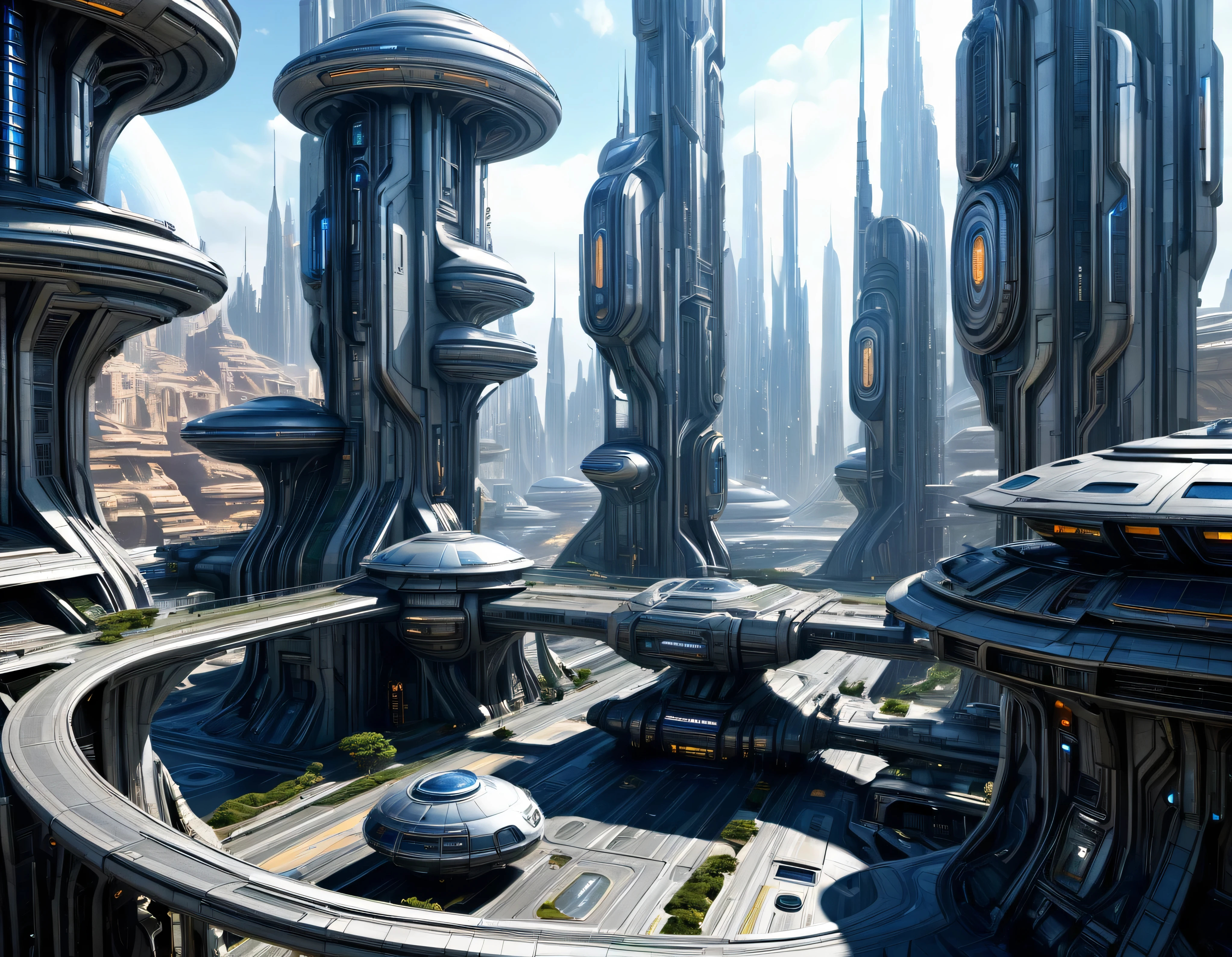 On an unknown planet there is a futuristic fantasy city similar to the one in the movie Tomorrowland., with huge buildings of super technological design, puentes entre edificios, que forman una infinita avenida con estructuras acristaladas y de metal, con Colores vivos, donde predomina el oro, pavimento ensolado sin brillo, poca gente paseando, similar a Coruscant, imagen bien definida 8k, (intrincados detalles de la maquina), con muchos edificios juntos.(obra maestra de superior calidad).(imagen fotorrealista), nitidez absoluta hasta el fondo.