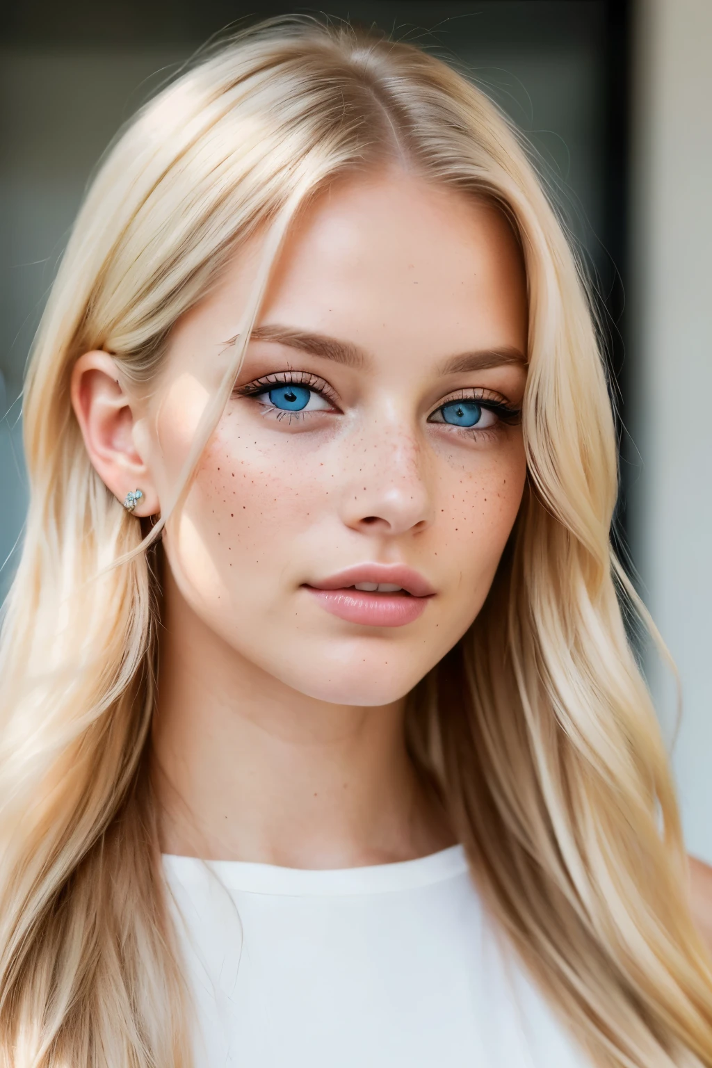 A photorealistic portrait of a 25-year-old Swedish woman, with piercing blue eyes that capture the viewer's attention, and flowing blonde hair that cascades down her shoulders, framing her face. A sprinkle of freckles across her nose and cheeks adds a touch of natural charm to her otherwise flawless complexion. Dressed in casual attire that complements her effortless style, she exudes an aura of an Instagram model. The image should be a tight headshot, captured in soft, natural lighting to highlight her porcelain skin and define her angular features. The intricate details of her blue eyes should be the focus, with each iris and lashes rendered