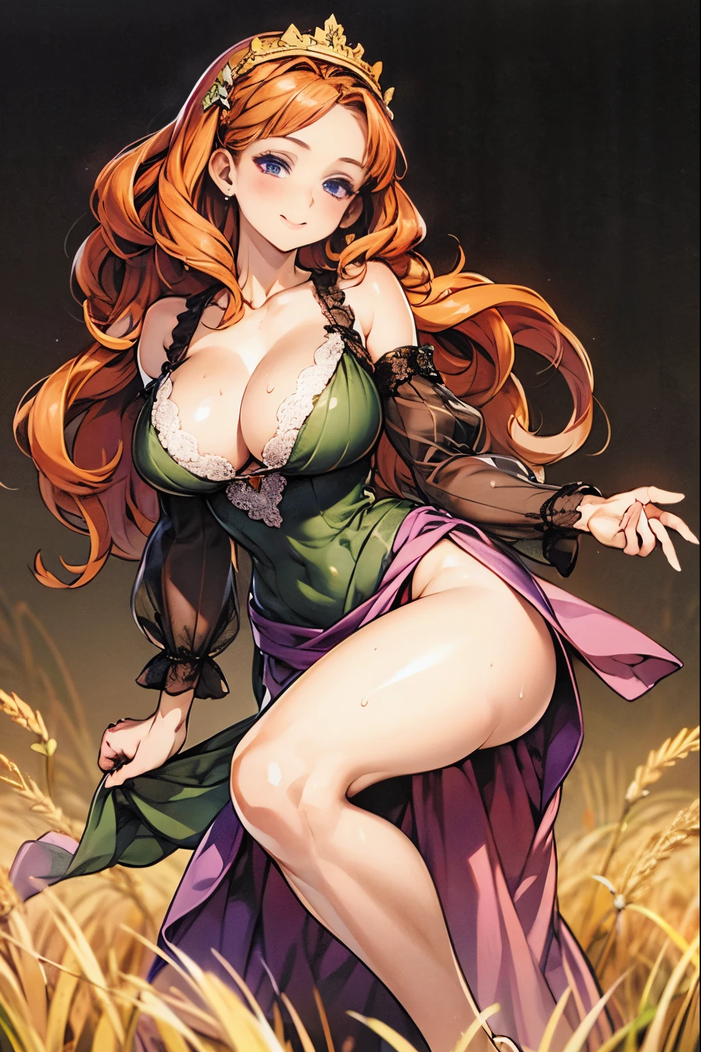 masutepiece, Best Quality, High resolution, solo, 1girl, Full body, Description Girls, detail hands, Detail fingers, Detail Face, cute face, detail legs, overdetailed art, Fine details, Huge breasts, Huge ass, steam, Sweat, orange hair, long hair, wavy hair, carvy, ((corolla)), flower crown, dress, bare shoulders, jewelry, collarbone, earrings, detached sleeves, purple eyes, see-through, green dress, lace knitting, see through sleeves, skimpy, smile, milf, farmer, wheat field, sun,