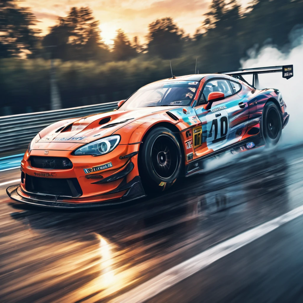 Racing Car, aesthetic, extremely detailed,(best quality,4k,8k,highres,masterpiece:1.2),ultra-detailed,(realistic,photorealistic,photo-realistic:1.37),fast-paced,racing car,vibrant colors,screeching tires,blurred motion,exciting race,adrenaline rush,dynamic composition,shiny metallic body,extreme speed,high-performance engine,detailed interior,carbon fiber chassis,wide racing tires,aerodynamic design,fierce competition,race track,spectators cheering,loud engine roars,driver in racing suit,steering wheel,checkered flag,winner's trophy,smoke from burning tires,high-speed action,thrilling overtakes,dramatic lighting,high-octane atmosphere,sparkling reflections,racing helmet and goggles,skilled drivers,breathtaking moments,fast and furious,explosive start,precision driving,slick racing livery