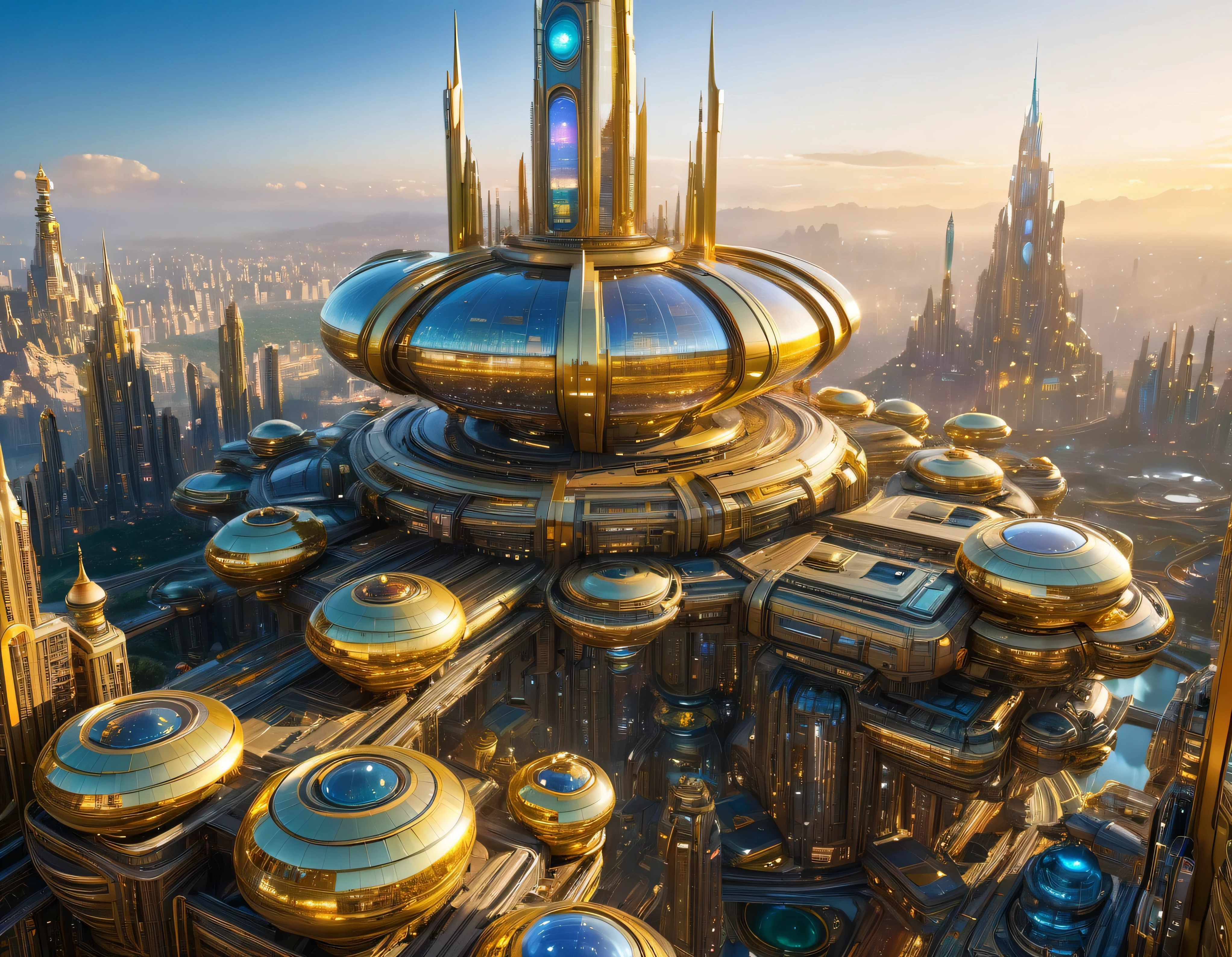 (golden hour lighting), megacity, megalopolis of an imaginary world of science fiction , parecido a una disneylandia futurista, and maximum fantasy, con inmensos edificios y rascacielos ovalados y dodecaedricos agrupados de metal y cristal donde predomina el oro y los anuncios luminosos de colores. imagen bien definida 8k, (intrincados detalles de la maquina), con muchos edificios juntos.(obra maestra de superior calidad).(imagen fotorrealista), nitidez absoluta hasta el fondo