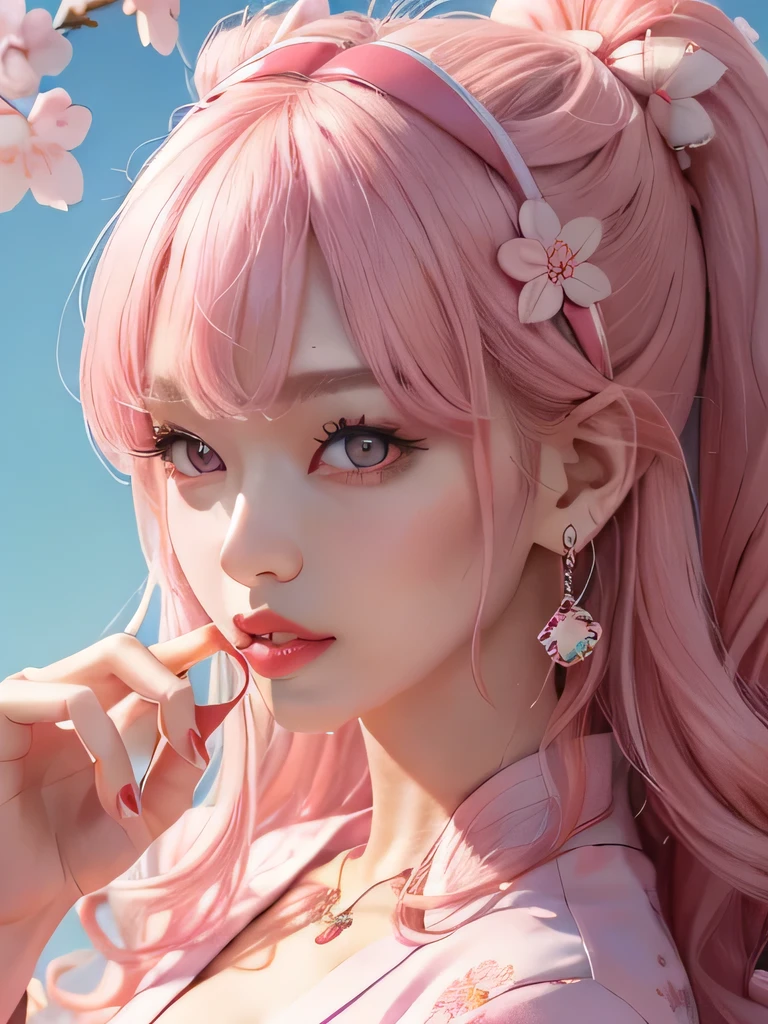 she is the cherry blossom spirit、pink eyes、pink hair、close up of face、pink eyebrows、pink teeth、pink fang、big ears、cherry blossom hair ornament、cherry blossom necklace、Cherry earrings、beautiful clavicle、bob hair、deep pink eyes、pink kimono showing collarbone、cherry blossom fairy、wing、cherry blossom background、blue sky background、red eyes、Cherry Headband、she is a pink fairy、妖精のwing根、anger、
prediction