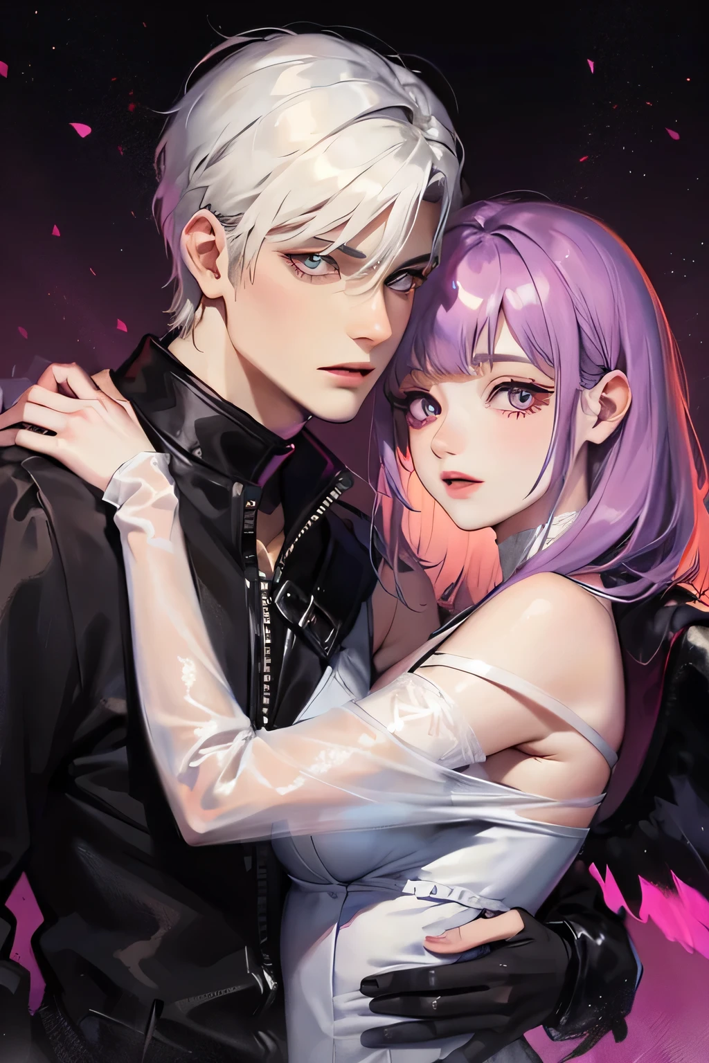 couple in white dress, male dark eyes and long white hair with wings, female purple eyes and short purple hair, inspired by halo art style, sky background, black feathers, purple explosion, grainy texture, high quality, 8K
