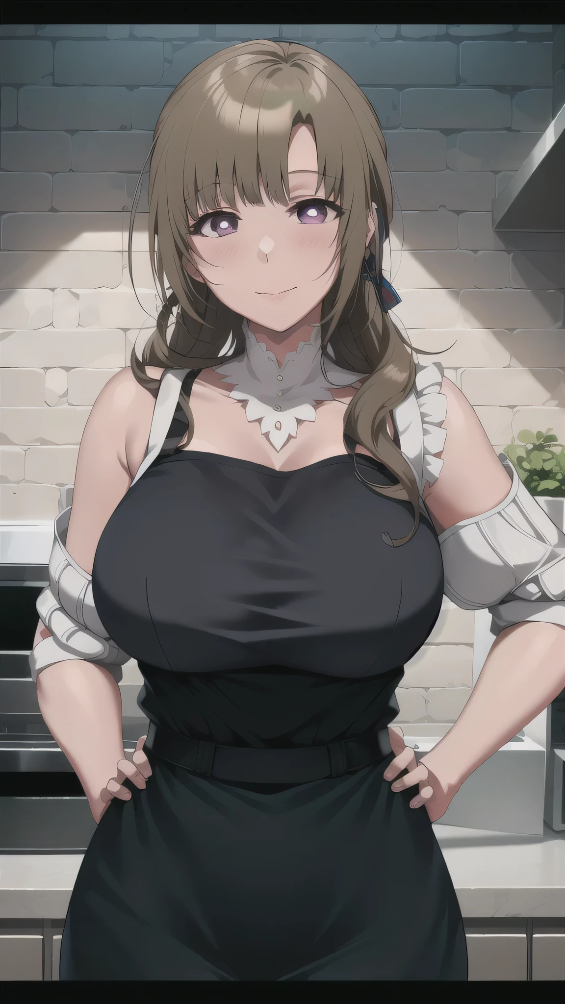 1girl, Mamako Oosuki in Anime Okaasan Online, Very big Breasts, in black dress standing in kitchen with green eyes,