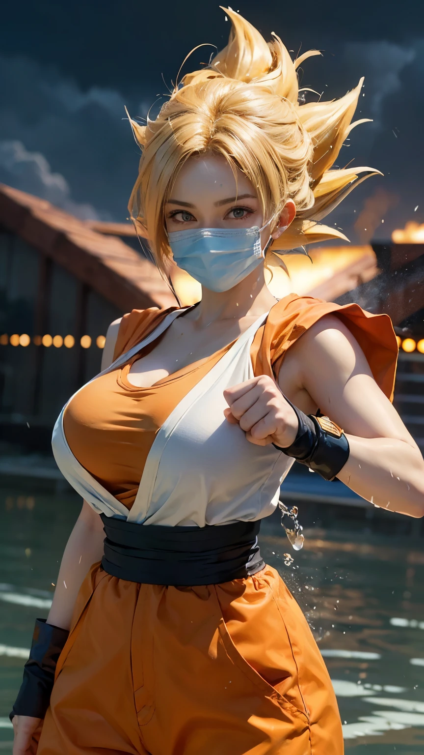 ((best quality)), ((masterpiece)), (detailed), perfect face, Dragon Ball anime, ((Laura/woman, big breasts, extremely beautiful)), ((Super Saiyan Superior Instinct)) {transformed into Super Saiyan wearing Goku orange costume, emanating golden magic aura ((circling furiously around the body)). Background, completely destroyed city at night raining hard. She has {silver eyes, white Super Saiyan hair} her hair, face and her outfit are soaked in water, She is staring at the viewer, fists clenched, concentrating magical aura, in a forward attack pose. Anime Dragon Ball, high detail, anime, 16k, UHD, anatomically correct, textured skin, super detail, high quality, award winning, ((Dragon Ball orange outfit)) ((Goku costume)), (((visible , big boobs))), ((wearing a mask))