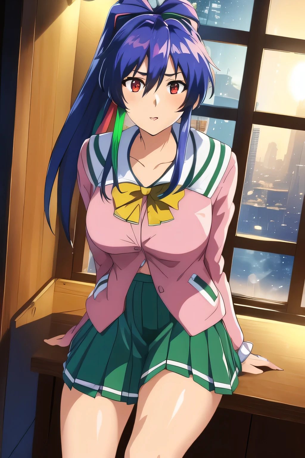 (night:1.7), Japan, cyber punk, City view, in front of the window, room, indoors,
sitting at attention,
(pink_Jacket:1.2),(green_pleated skirt:1.3),(crew_collar), School_uniform, serafuku,length_sleeve,(黄color_bow tie),
blue hair,bangs,high ponytail, greenの髪のリボン,red eyes,
1 girl, 20 years,young woman,beautiful Finger,beautiful length legs,beautiful body,beautiful Nose,beautiful character design, perfect eyes, perfect face,expressive eyes,
looking at the viewer, in the center of the image,(upper_body),(Focus on her face),
official art,Highly detailed CG Unity 8K wallpaper, perfect lighting,colorful, bright_front_face_lit,shiny skin,
(masterpiece:1.0),(Highest_quality:1.0), 超High resolution,4k,Super detailed,
photo shoot, 8K, HDR, High resolution, confused:1.2, kodak portrait 400, film grain, blurred background, Bokeh:1.2, Lens flare, (lively_color:1.2)
(beautiful,big_chest:1.3), (beautiful_face:1.5),(narrow_waist), NSFW