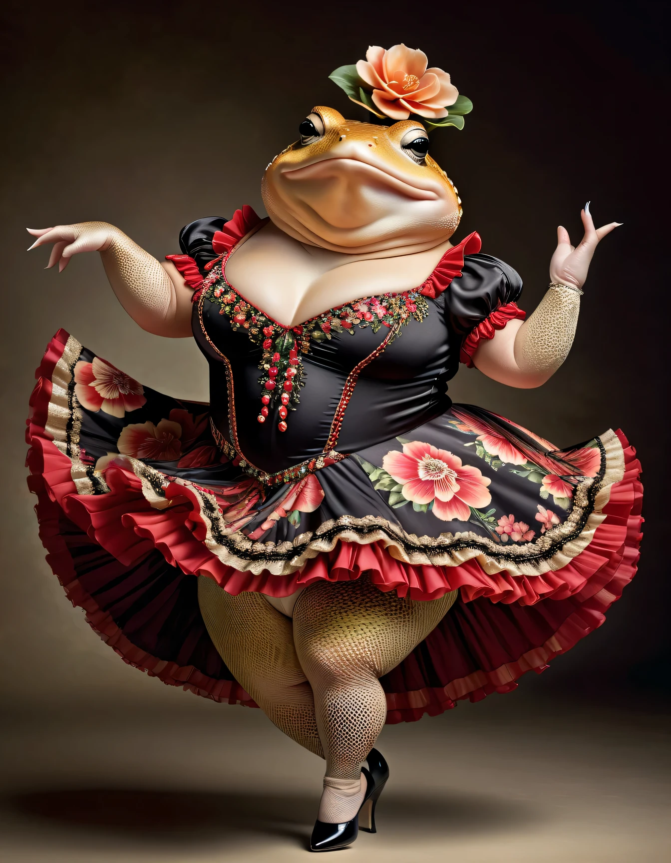 photorealistic portrait of Dressed animals - a ((fat)) toad flamenco dancer, legs up ,( dynamic dancing), high quality,(lovely) ,intricate details, highly detailed ((flamenco costume)) ,highly detailed floral dress, high heels, toad skin, highly detailed decorations, (cute), studio lighting,(full body image:1.5)