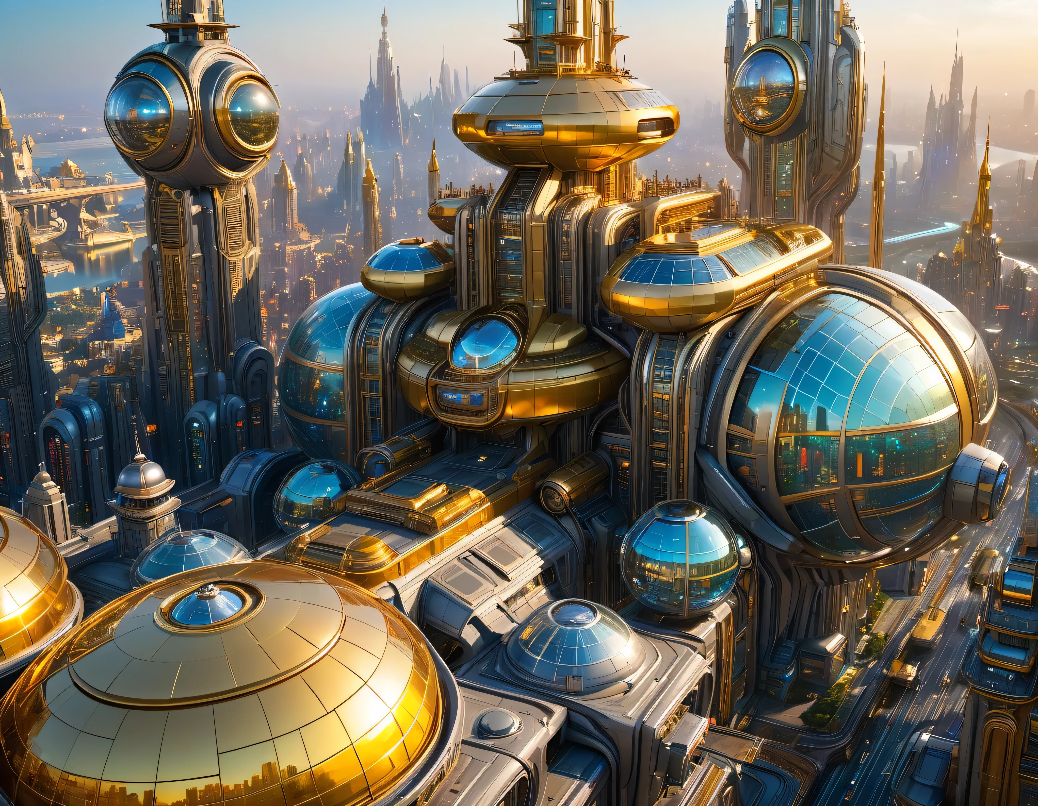 (golden hour lighting), megacity, megalopolis of an imaginary world of science fiction , parecido a una disneylandia futurista, and maximum fantasy, con inmensos edificios y rascacielos ovalados y dodecaedricos agrupados de metal y cristal donde predomina el oro y los anuncios luminosos de colores. imagen bien definida 8k, (intrincados detalles de la maquina), con muchos edificios juntos.(obra maestra de superior calidad).(imagen fotorrealista), nitidez absoluta hasta el fondo