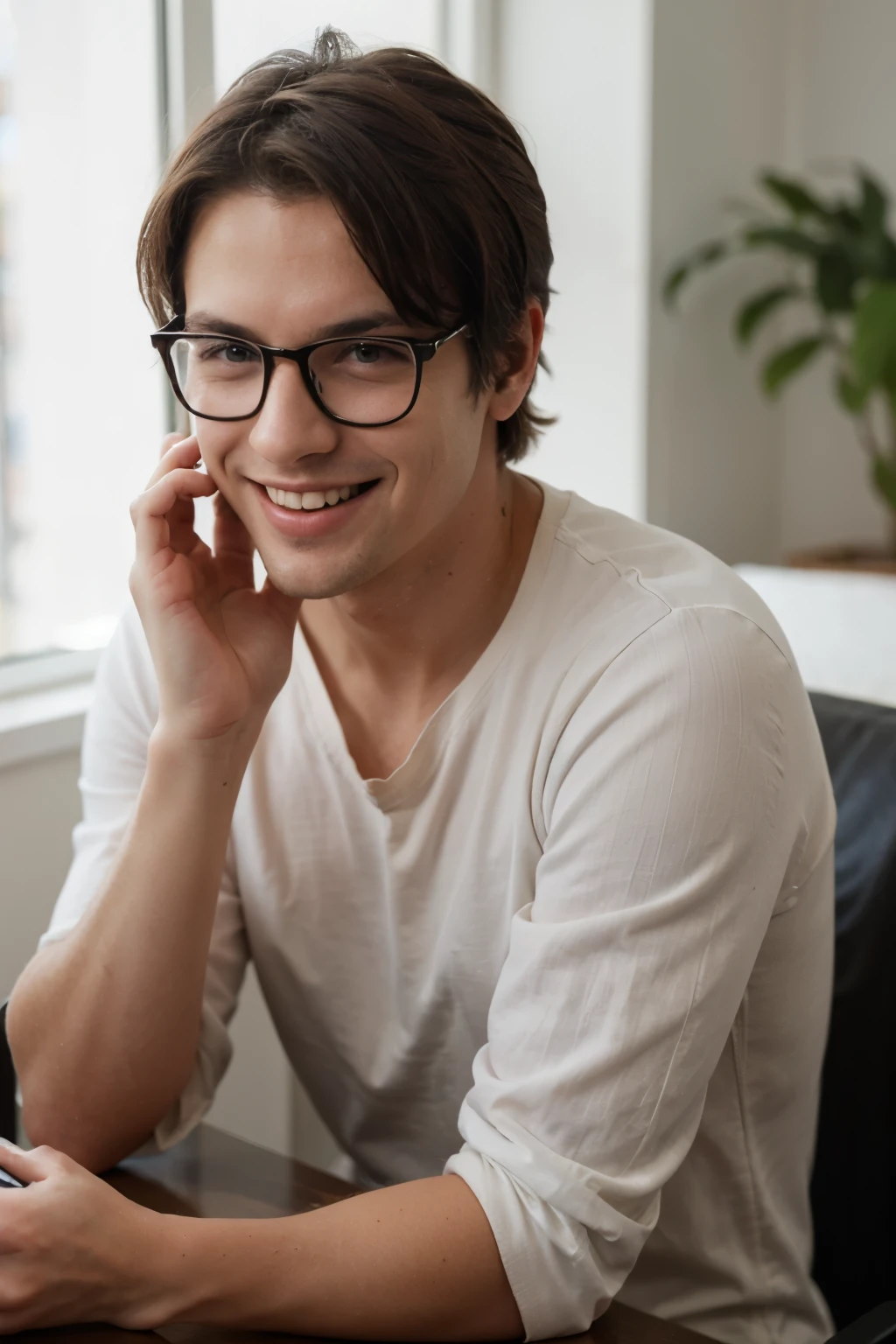 photograph of a happy man with a cell phone and glasses, use a loan application on your cell phone