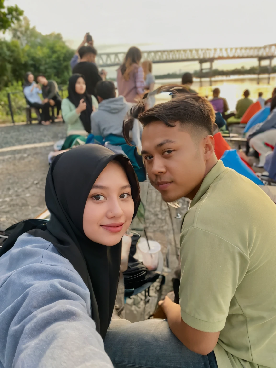 selfie of the guy in the green polo shirt, neat hair and the girl in the black headscarf, blue sweater, night sitting together, back view of the bridge and the sunset