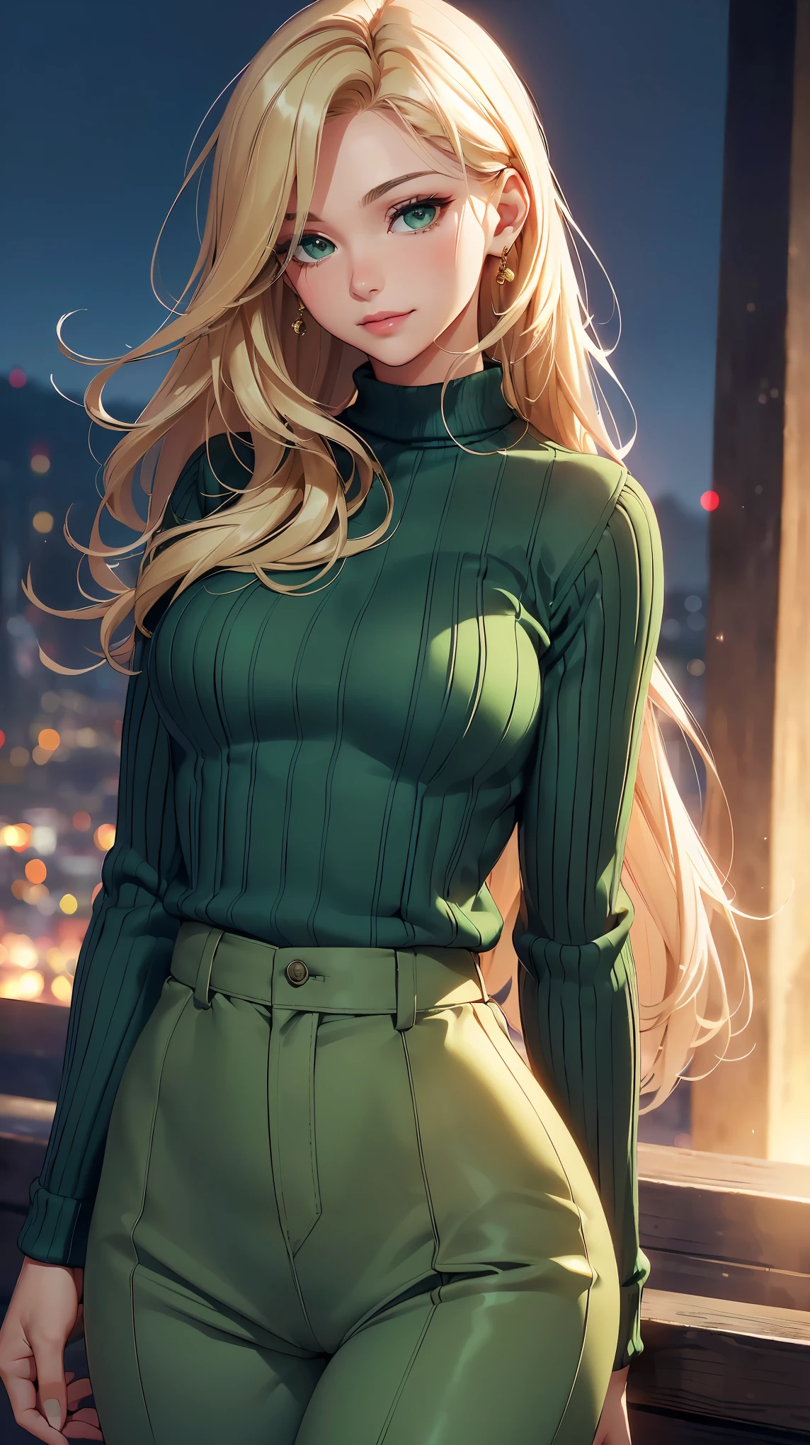 concept:beautiful woman portrait. quality:(最高quality, 4k, 8k, High resolution, masterpiece:1.2), Super detailed, (real, photorealistic:1.37). lighting effects:cinematic light, Bright colors and mesmerizing effects, Soft and delicate lighting, gentle shine, Lens flare, Beautiful and gentle atmosphere throughout the scene. Subject information:alone, ((young woman)), (round eyes), (small face), (high detail skin:1.2), long eyelashes, glossy lips, (blonde, long straight hair, green eyes), (slim body shape), (beautiful breasts), Highly detailed face and skin texture, (happy expression), ((facing the front:1.2)), (upper glance:1.5, photo shootのためポーズをとる), ((blue knit, Green cargo pants, beautiful thighs)), (((Clothes that bring out your beauty, beautiful body line, seductive thighs))). Other details:night time:1.5, standing pose:1.2, beautiful skin, shiny skin, perfect fingers, five fingers, anatomically correct, background bokeh, 300㎜, f/4, photo shoot.