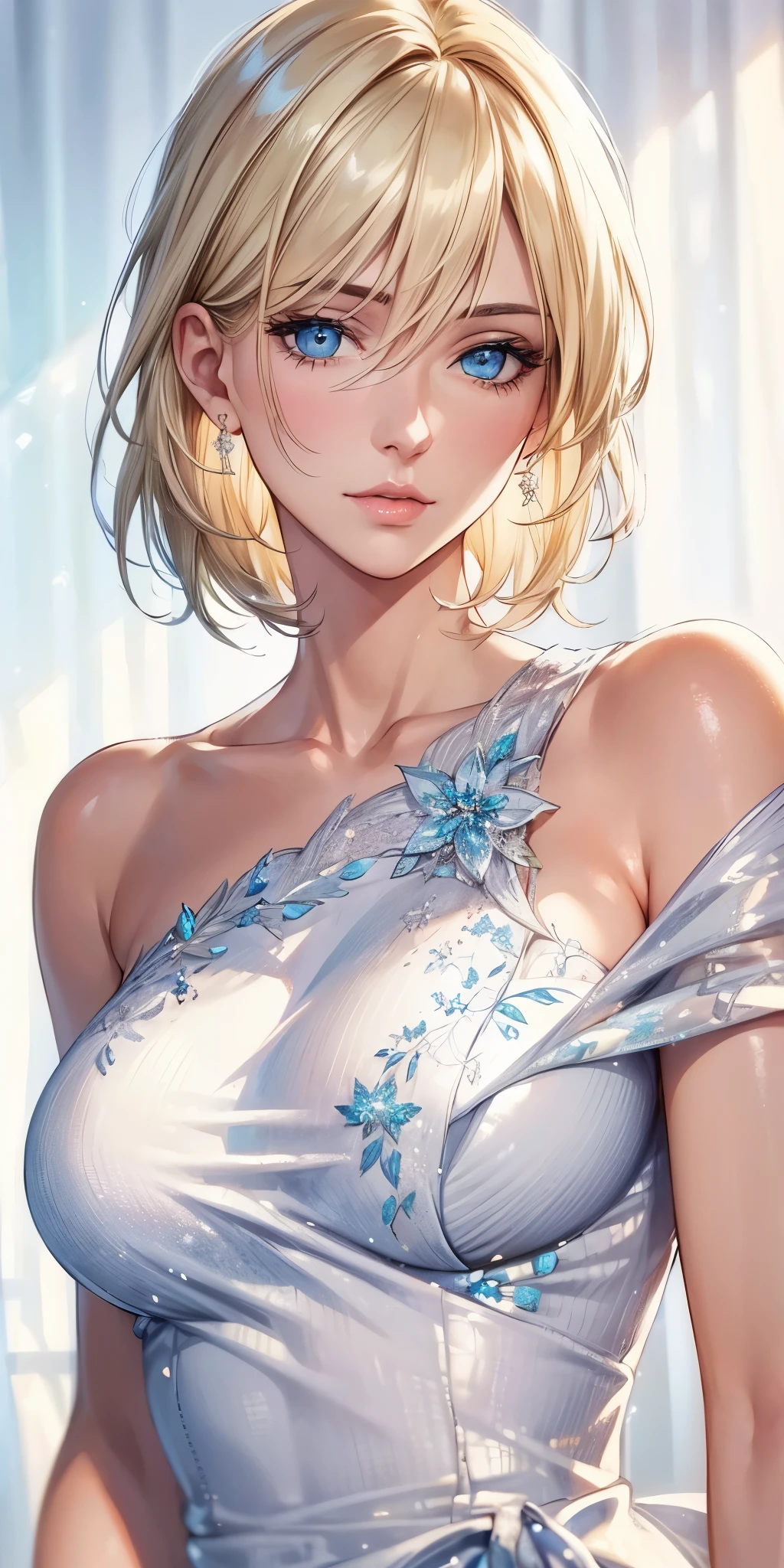 (best quality, highres, realistic), portrait, Elegant mature woman, blue eyes, blonde, big breast, high resolution cg 8k, beautiful cg, soft light