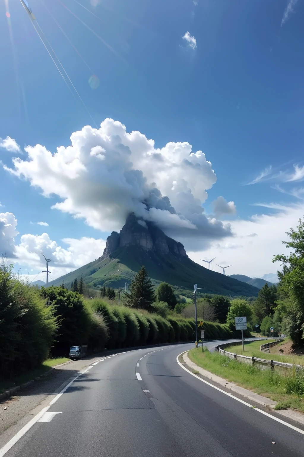 A road leads to the distance,There are several cars parked on the right side of the road,There is a small river on the left,Leading to the distance along the foot of the mountain,There are towering peaks on both sides,Several white wind turbines stand on the green mountainside,There are a few white clouds floating in the blue sky