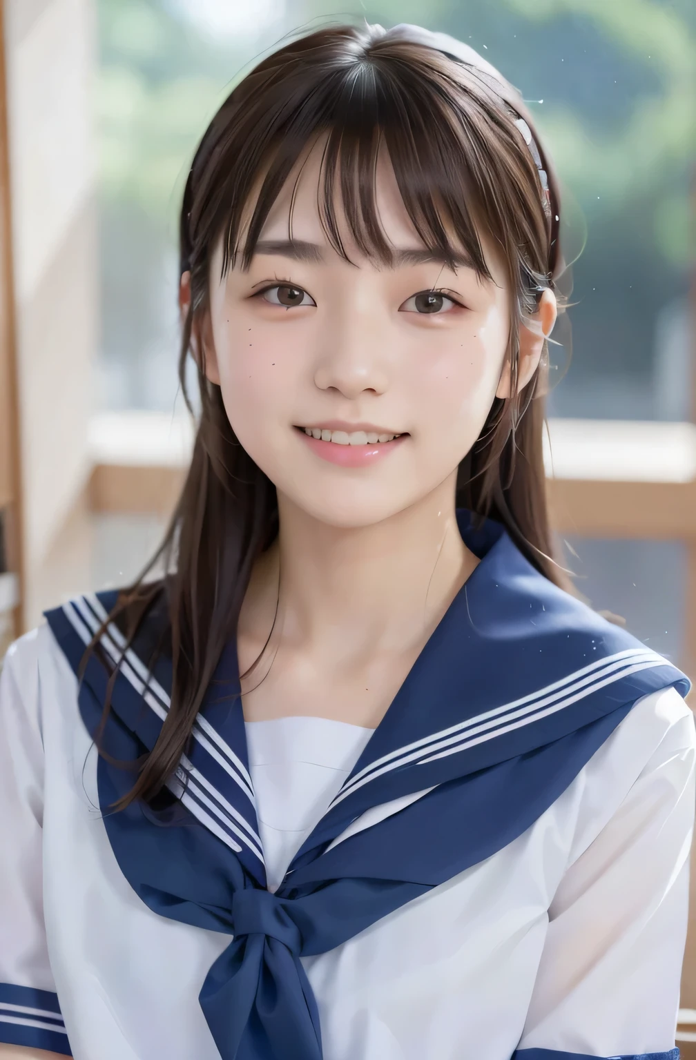 ((highest quality, 8K, masterpiece)), beauty, 1 Japanese girl, dark brown hair, 18-year-old, , smile, stand near the classroom window, dull bangs, Lower ponytail, face focus, detailed face, highly detailed lips, fine eyes, double eyelid, sweaty skin: 1.2, (((school uniform, sailor suit,)))