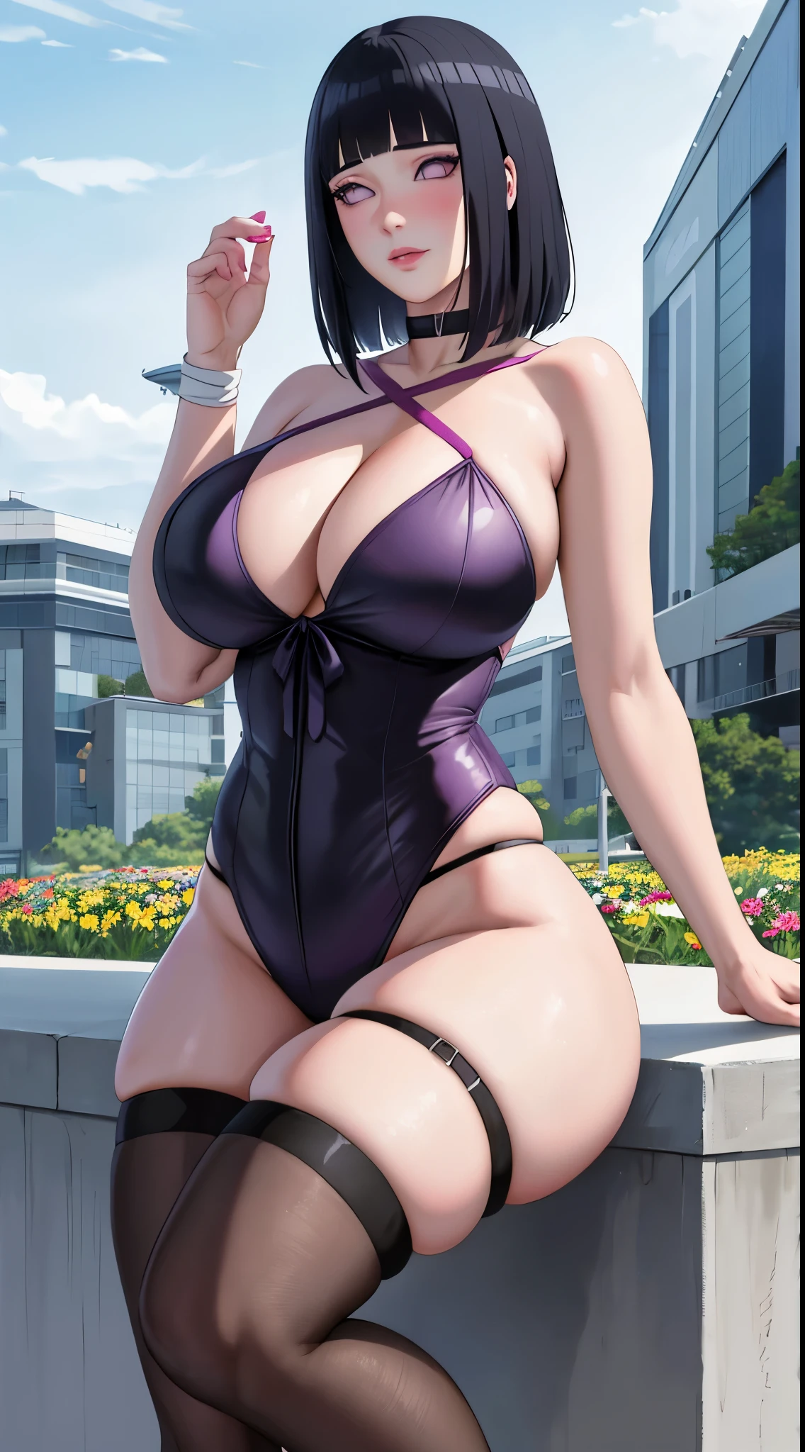 masterpiece, absurdres, hinata\(boruto\), 1girl, solo,mature female, tied up, huge ass, outdoors, flower field, thigh high, cloudy sky, perfect composition, detailed lips, huge breast, cleavage,beautiful face, body propotion, blush, (pink lips), long hair, purple eyes, soft gaze, sad smile, super realistic, detailed, photoshoot, realistic face and body, realistic hair, realistic eyes, realistic nose, realistic lips, black hair, short hair, detailed hand and legs, detailed eyes