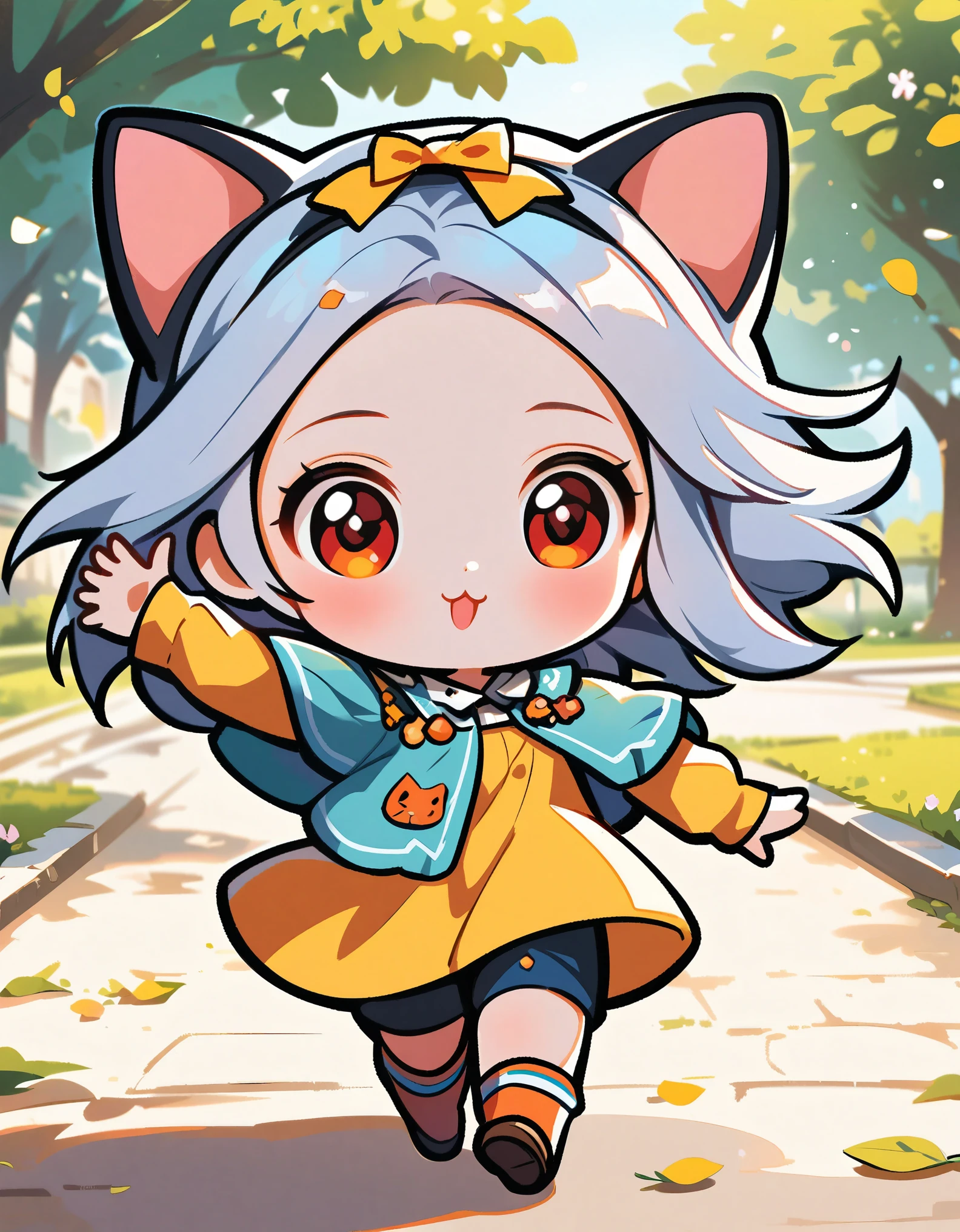 ((anime chibi style)), cute looking kitten with adorable eyes in the park, dynamic angle, depth of field