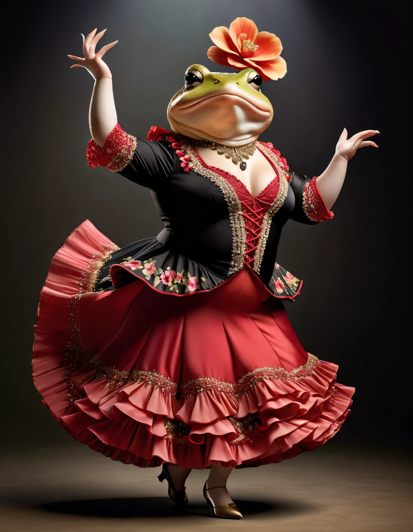 photorealistic portrait of Dressed animals - a ((fat)) toad flamenco dancer, arms up ,( dynamic dancing), high quality,(lovely) ,intricate details, highly detailed ((flamenco costume)) ,highly detailed floral dress, high heels, toad skin, highly detailed decorations, (cute), studio lighting,(full body image:1.5)