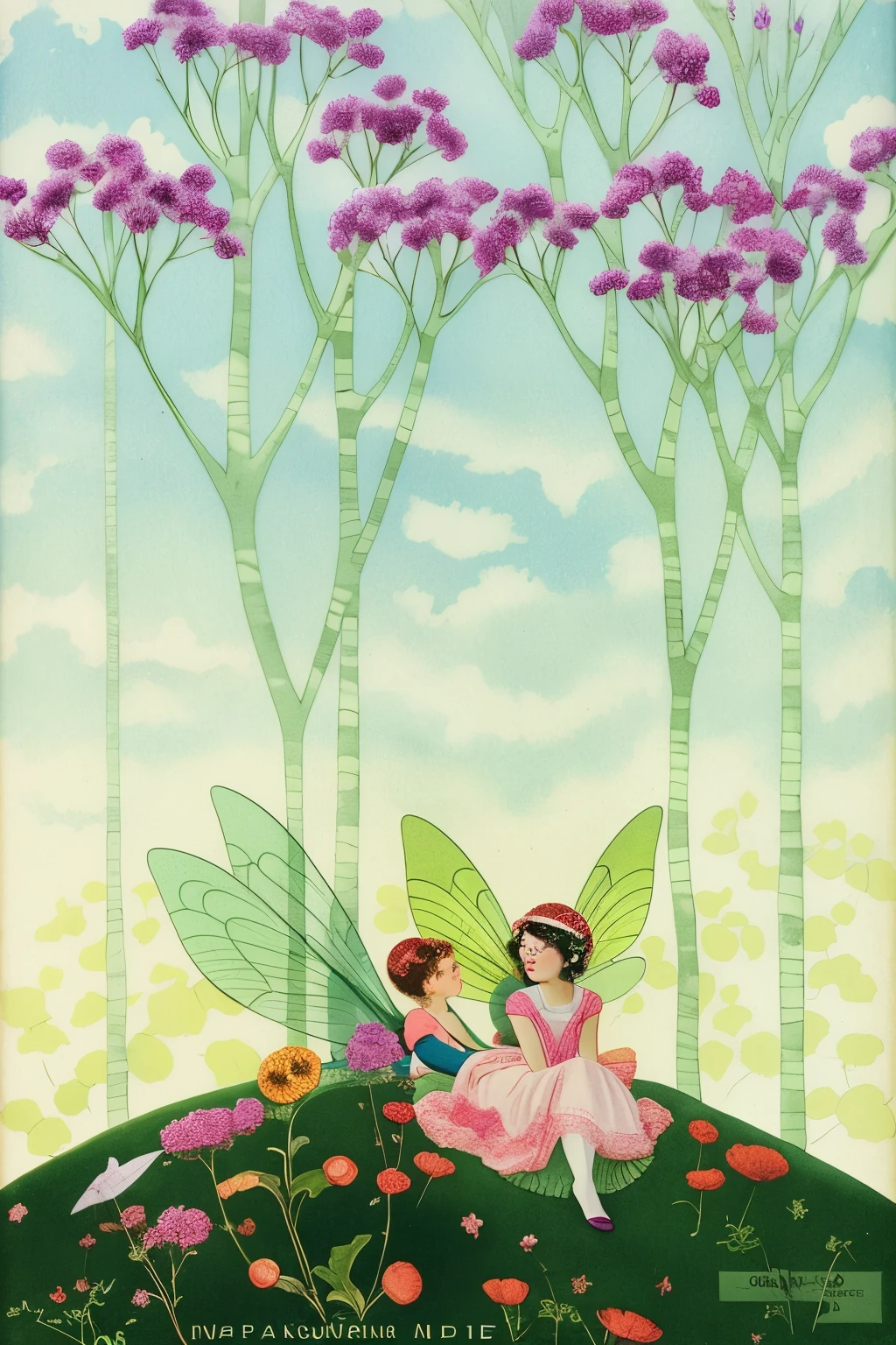 painting of a fairy sitting on a hill with trees and flowers, inspired by Ida Rentoul Outhwaite, by Ida Rentoul Outhwaite, by Jessie M. King, brittney lee, by Otake Chikuha, fairies, by Raphael Kirchner, by Maude Kaufman Eggemeyer, harry clarke artwork, by Clara Weaver Parrish