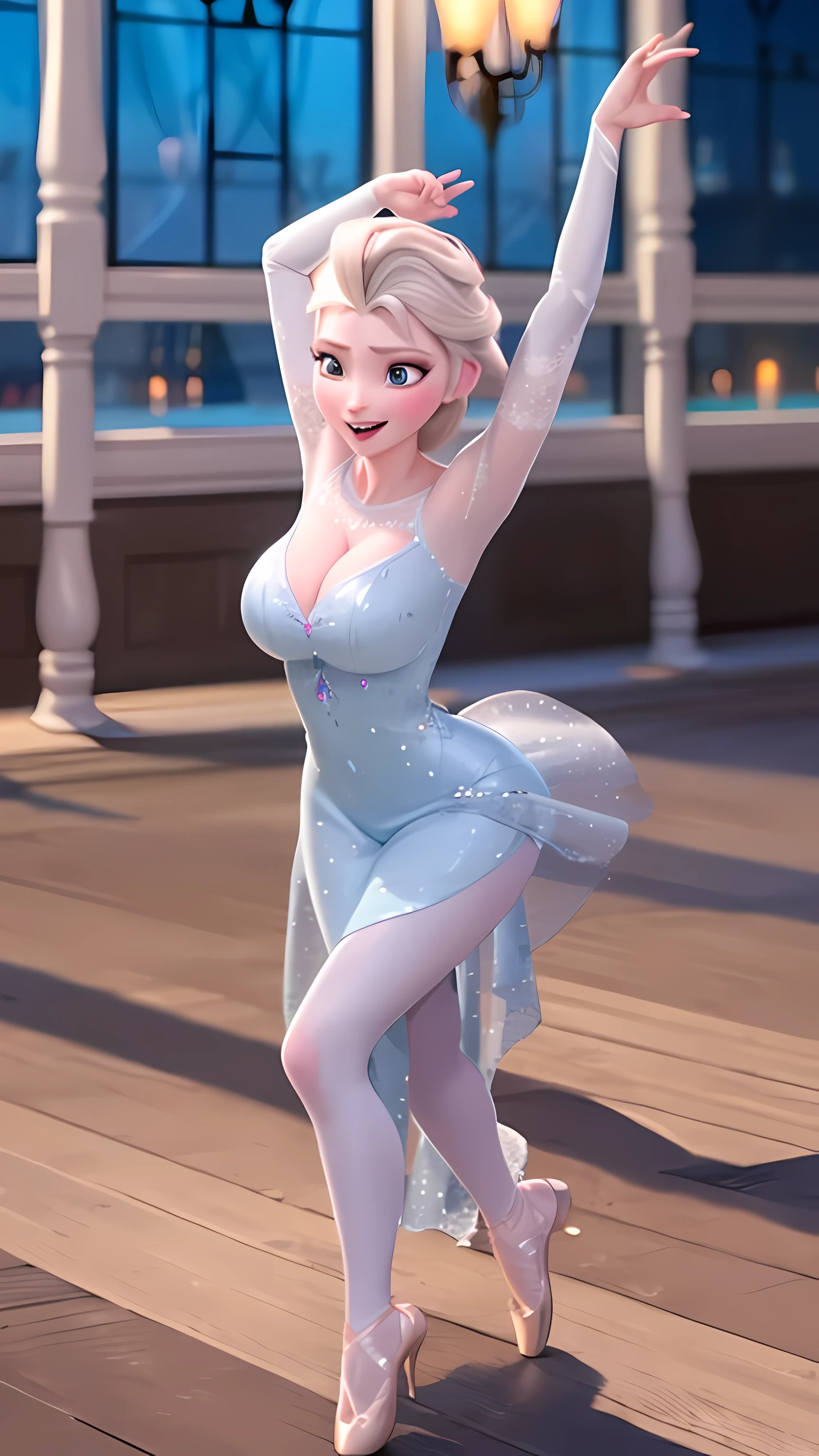 elsa of arendelle, full body, ballerina dress, ballerina outfit, dance hall, (big breasts)